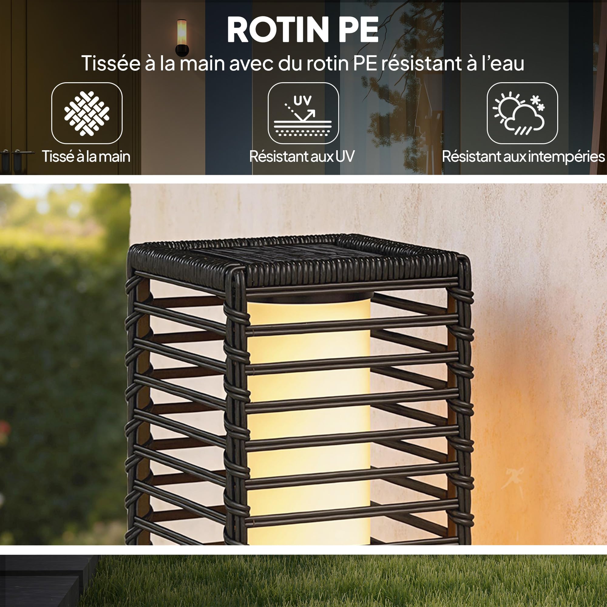 Outsunny Linterna Solar Exterior Resina Trenzada, Negro | Lámpara de pie inalámbrica, recargable, sensor de luz, LED