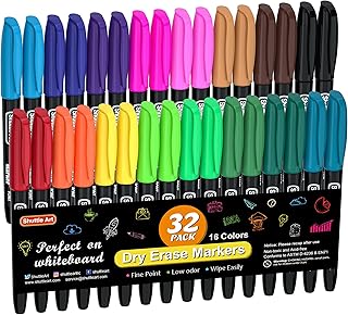 Shuttle Art 32 Pack Whiteboard Pens, 16 Colours Whiteboard Markers, Fine Point Dry Wipe Markers, Dry Wipe Pens for Writing, Drawing on Whiteboards, Weekly Planner, Glass for School Office Home