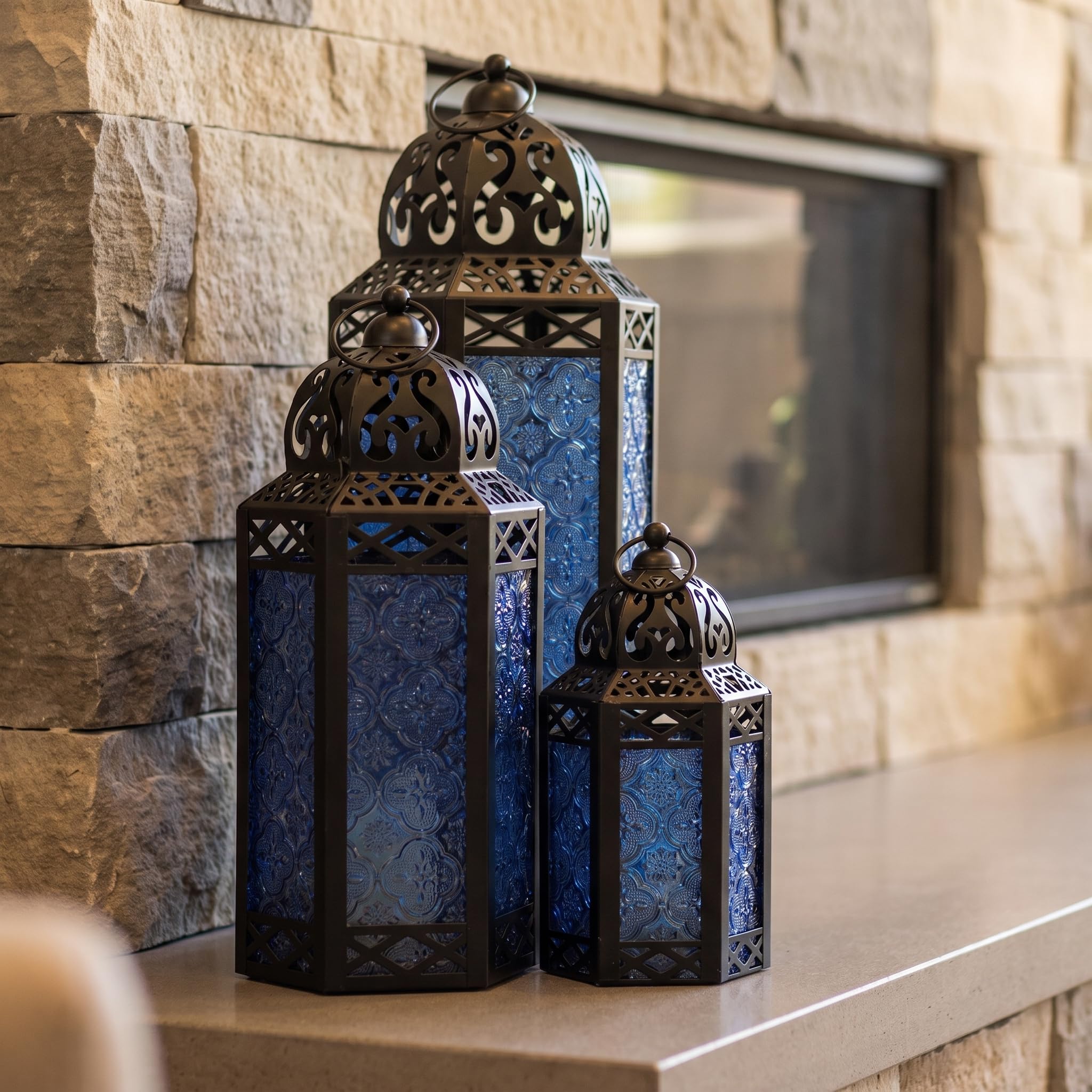 Vela Lanterns Juego de 3 faroles portavelas marroquíes Decorativos para Suelo, decoración de Ramadán, decoración Interior del hogar, Patio al Aire Libre o Porche, Bodas, Cobalto