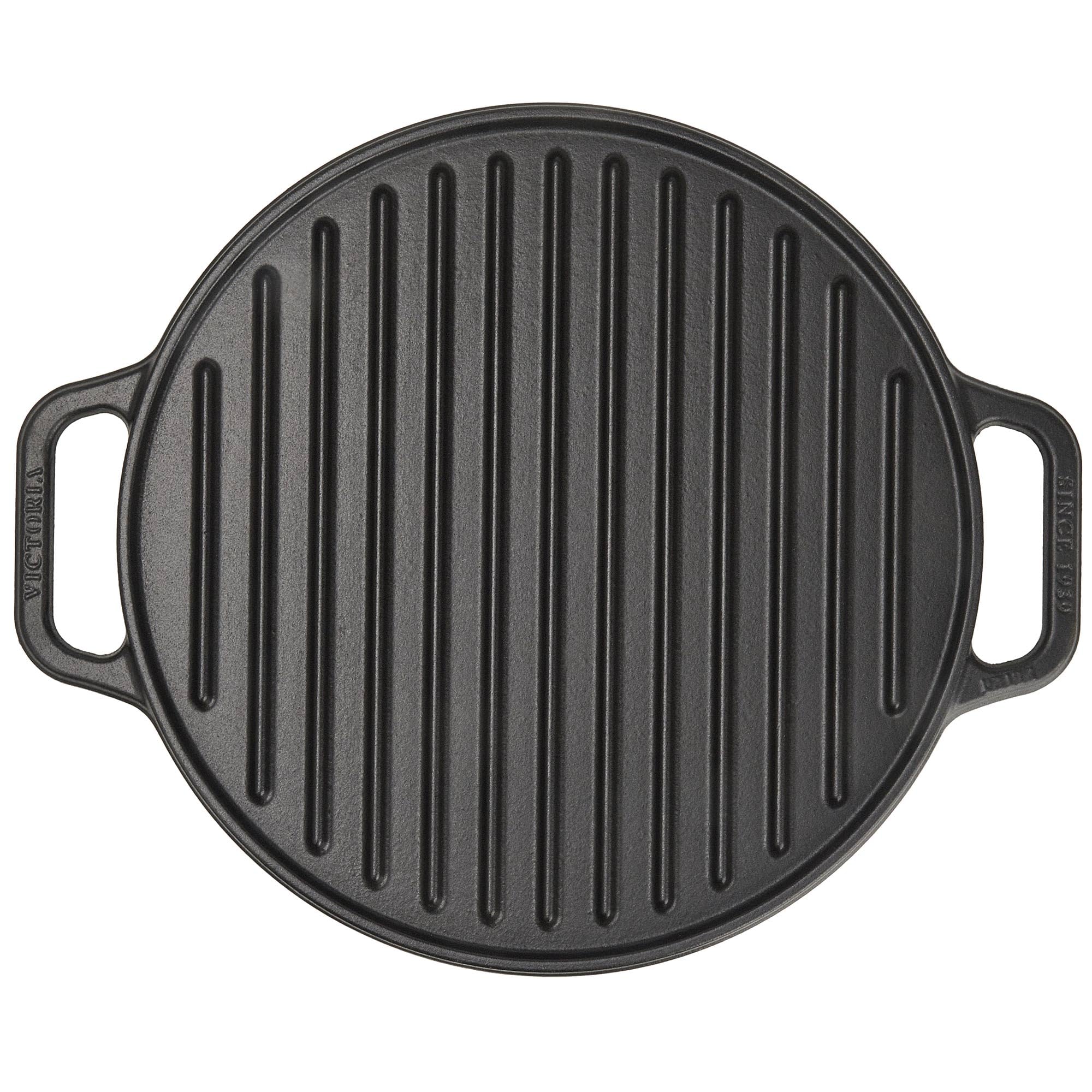 VICTORIA Grillplatte Emailliertes Gusseisen Grillpfanne 32cm Rund, Doppelseitig Verwendbar, für Feuer, Grill, Ofen, Vitrokeramik, Gas, Ohne Schadstoffe und PTFE