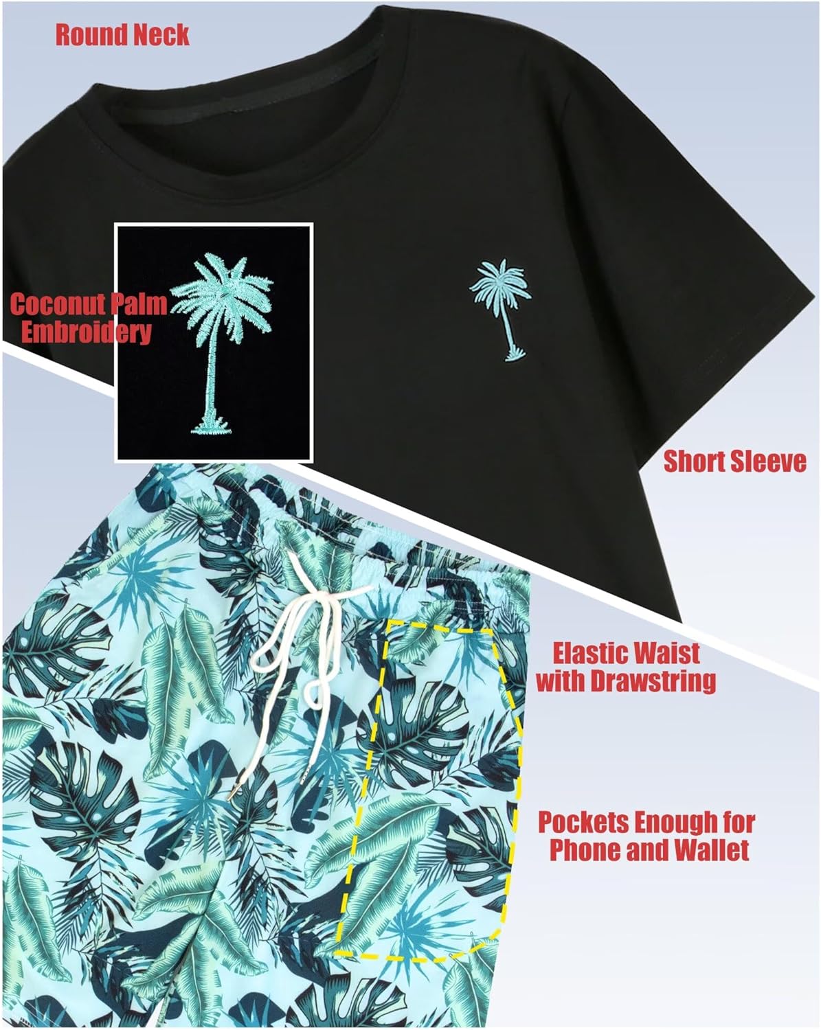 VahRuta Mens 2 Piece Summer Outfits Beach Vacation Outfit Hawaiian Coconut Printed Tee and shorts Set - Image 3