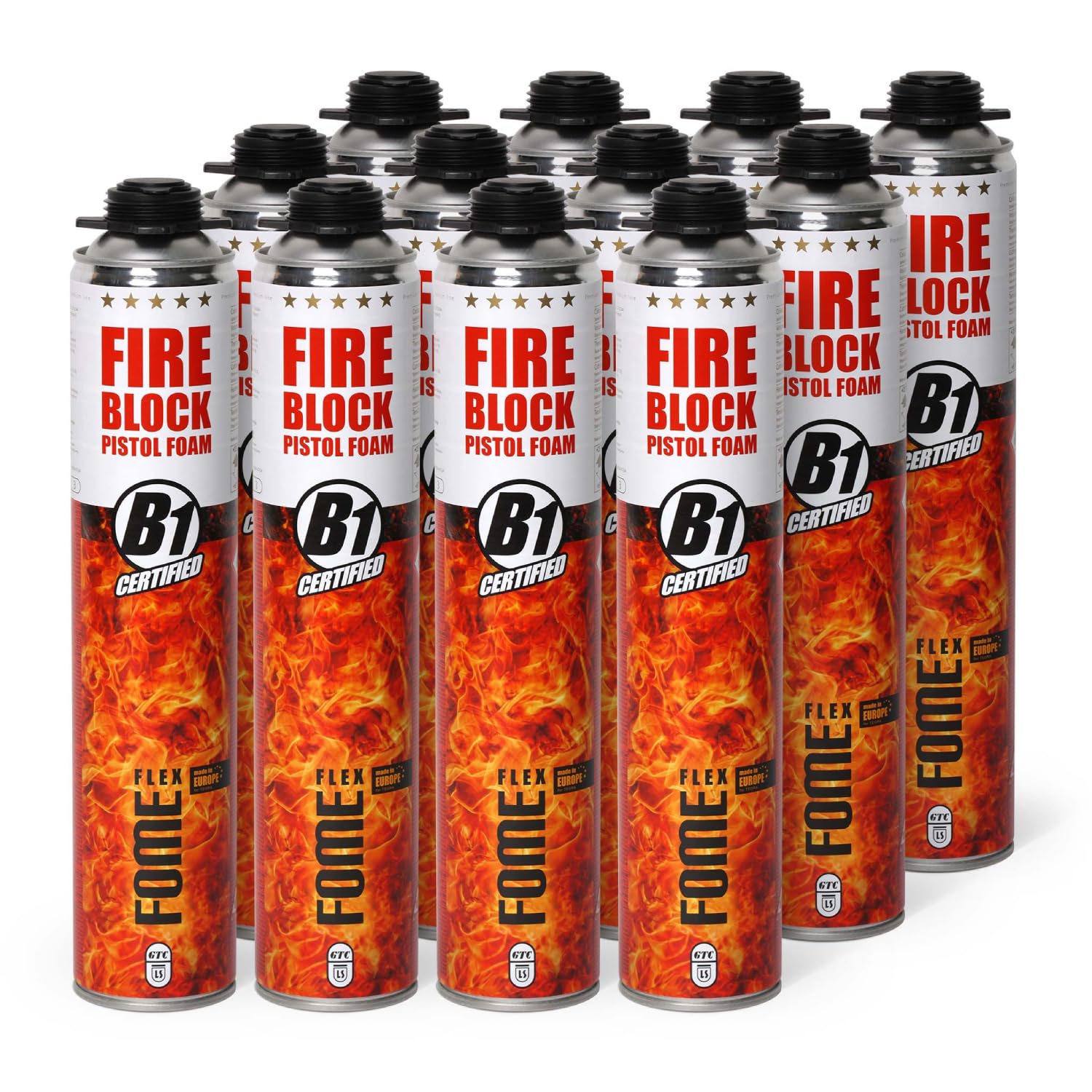 Mousse polyuréthane coupe-feu FOME FLEX Fire Block – pistolable, haute résistance, joints minéraux & métalliques – 12 x 750 ml, résistance au feu jusqu’à 240 min, étanchéité fumée & gaz