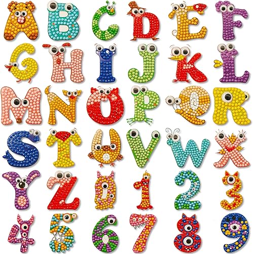 OMDBAGD Juego de 36 calcomanías de pintura de diamantes con números de letras 5D, arte de diamantes, calcomanías del alfabeto, manualidades con