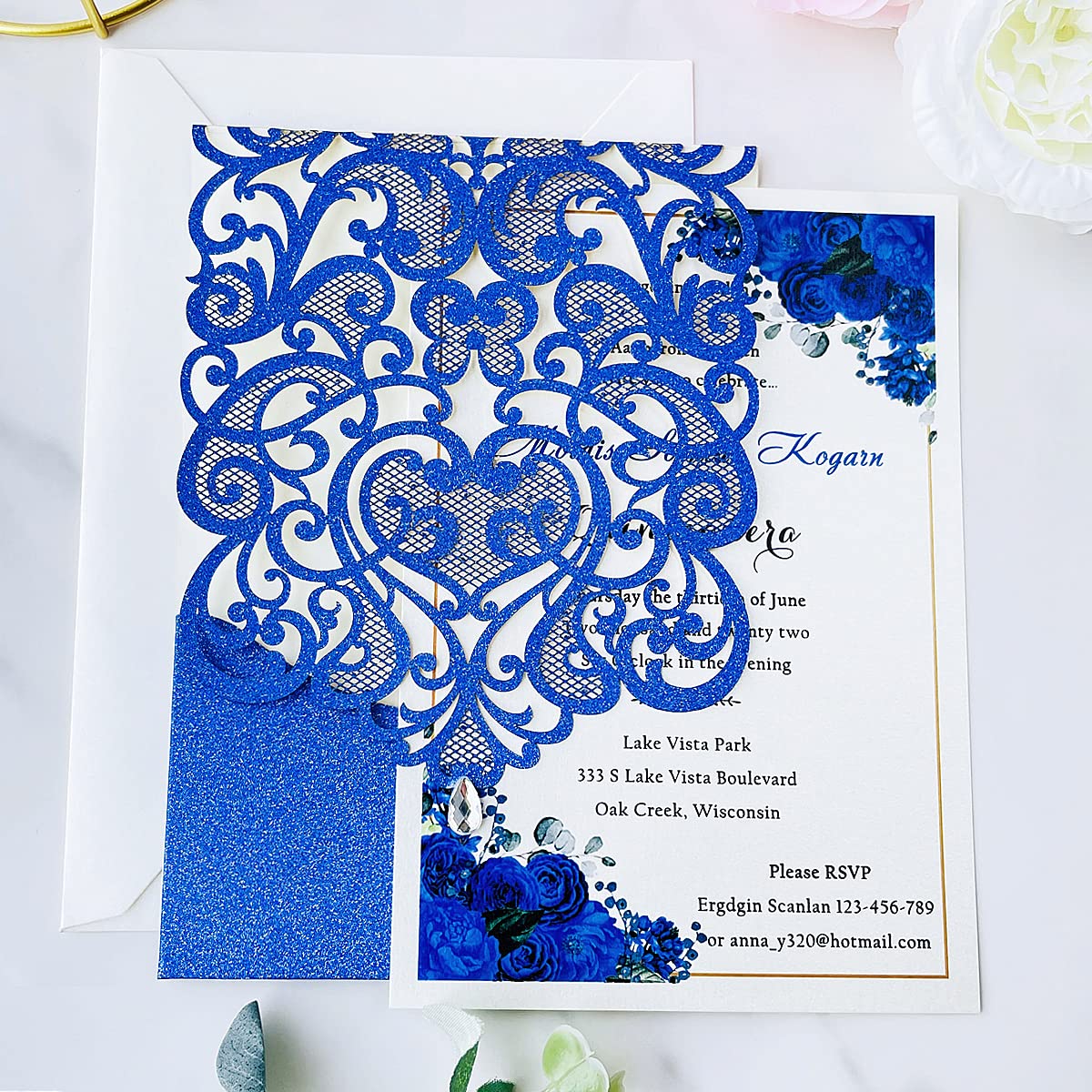 Invitaciones Elegantes De Oro Azul - Tarjetas De Boda De Lujo, image size:1200x1200