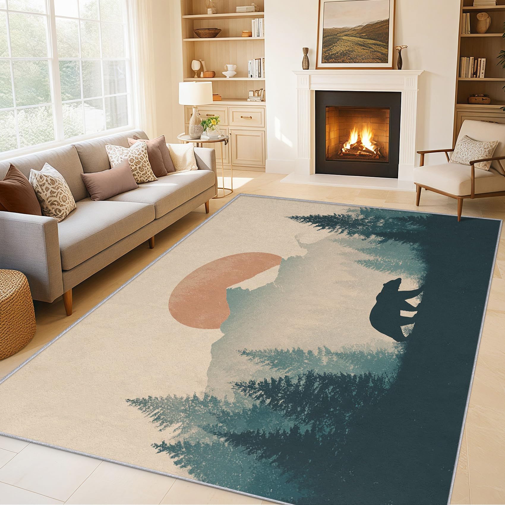 Tapis salon ours forêts 120x170 cm, moquette douce poils courts