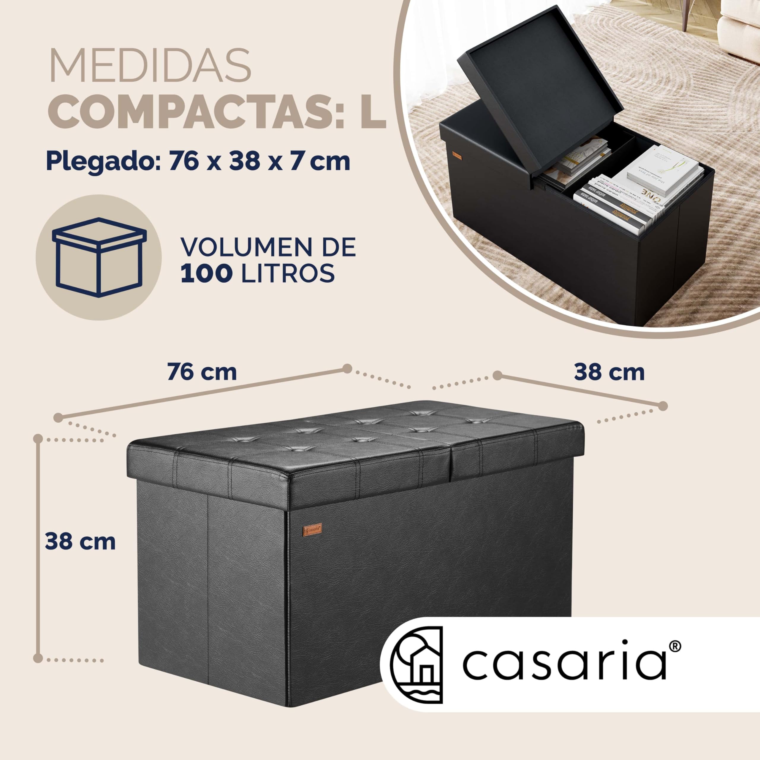 CASARIA® Banco Almacenaje Baúl Capacidad 100L Carga hasta 300kg Resistente 80x40x40cm Puff Otomana Plegable Tapizado Acolchado Salón Dormitorio Entrada Negro