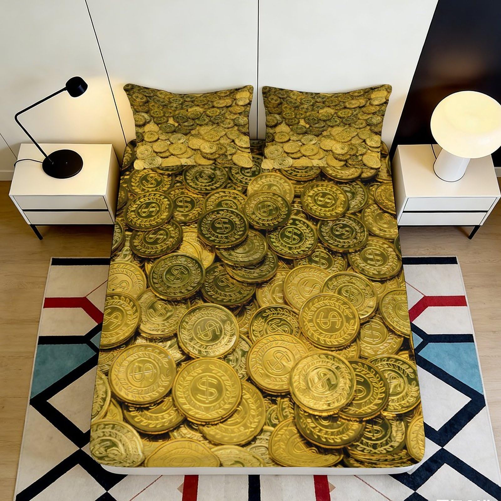 3D Printed Gold Coin Fitted Sheet Microfiber Deep Pocket Non-Slip Bedroom Bedding Set Gold Coin Mattress Fitted Cover Washable for Adult 200x200x25cm 90x200x25cm