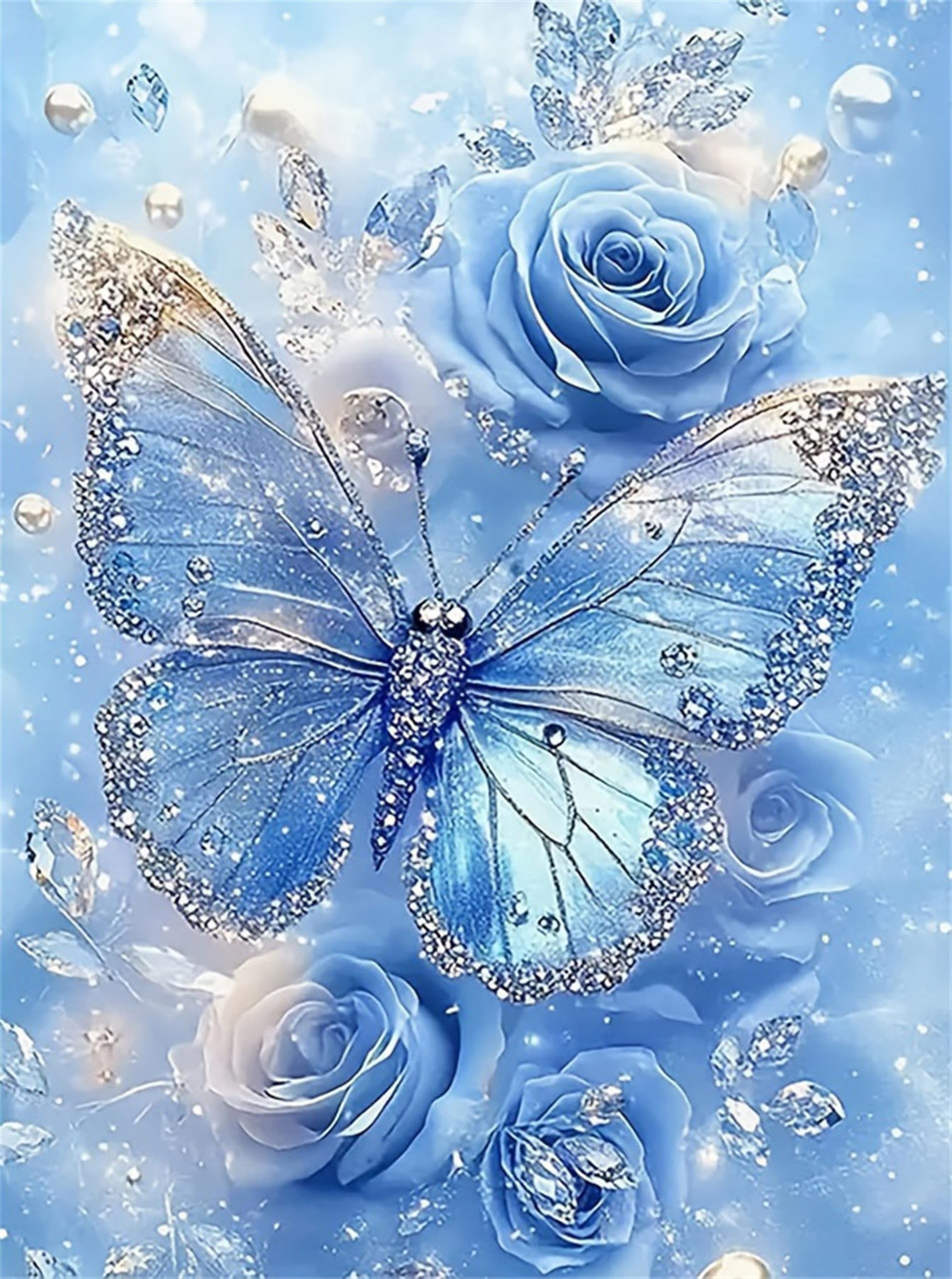5D DIY Diamond Painting Kit for Adults Rose,Diamond Art Kits for Beginner Flower,Painting by Diamonds,Gem Art Kits Round Drill for Home Wall Decor Gifts for Women,Men (Blue Rose and Butterfly)