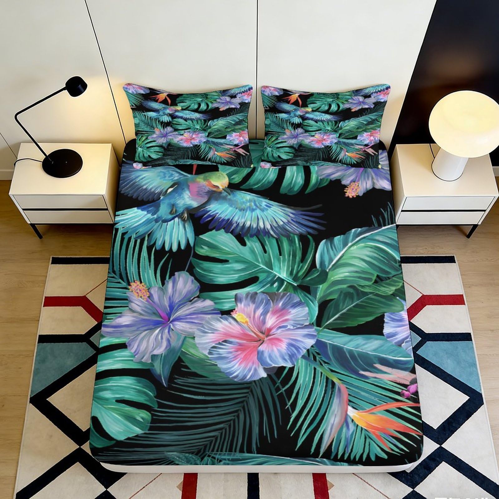 3D Printed Tropical Leaf Fitted Sheet Microfiber Soft Hibiscus Flower Mattress Cover for Bedroom Guest Room Decor 90x200x25cm
