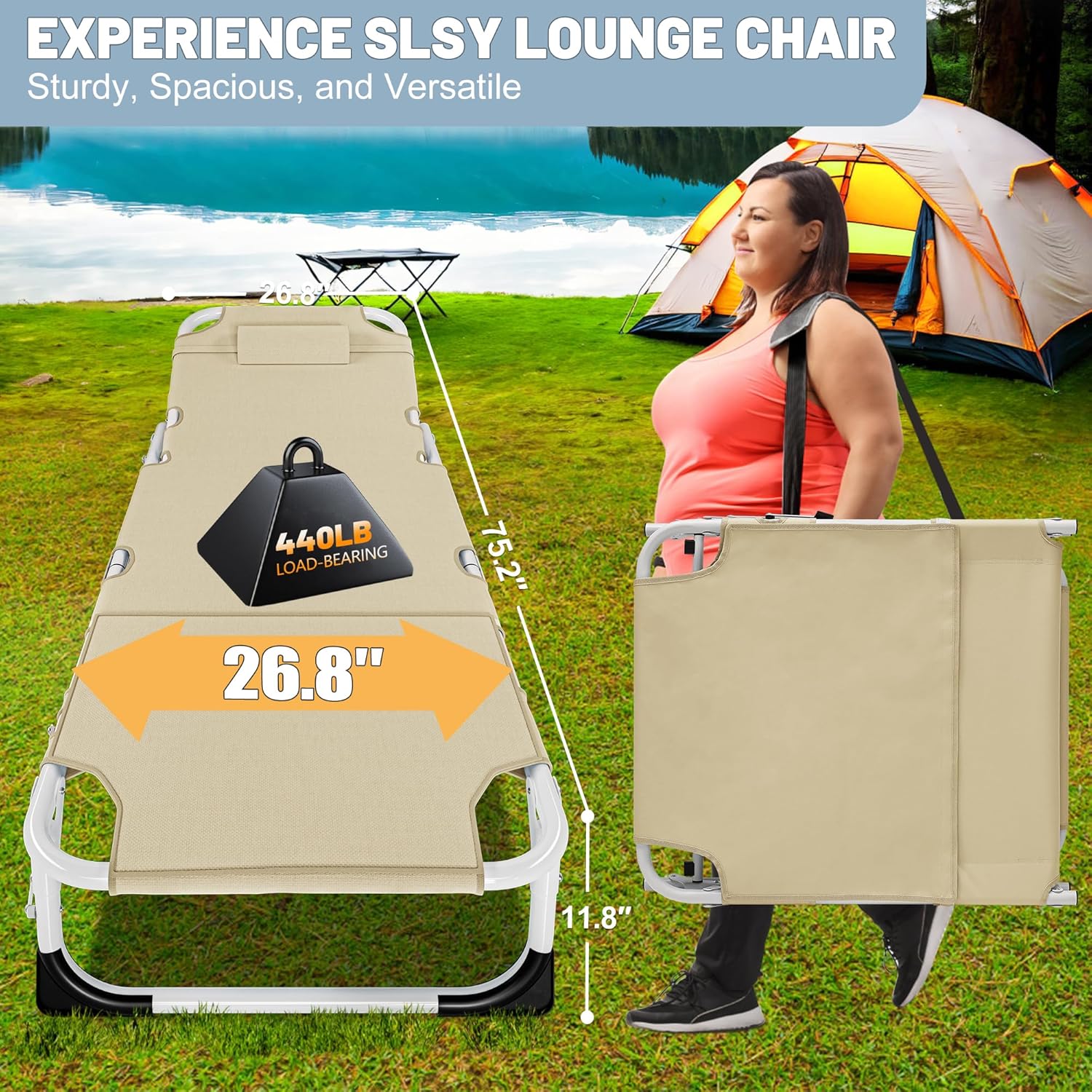 Slsy Face Down Folding Lounge Chairs Outdoor, Adjustable Sleeping Cot Chair, Portable Folding Bed Cot Chaise Lounge Chairs for Outside Beach Lawn Camping Pool Sun Tanning