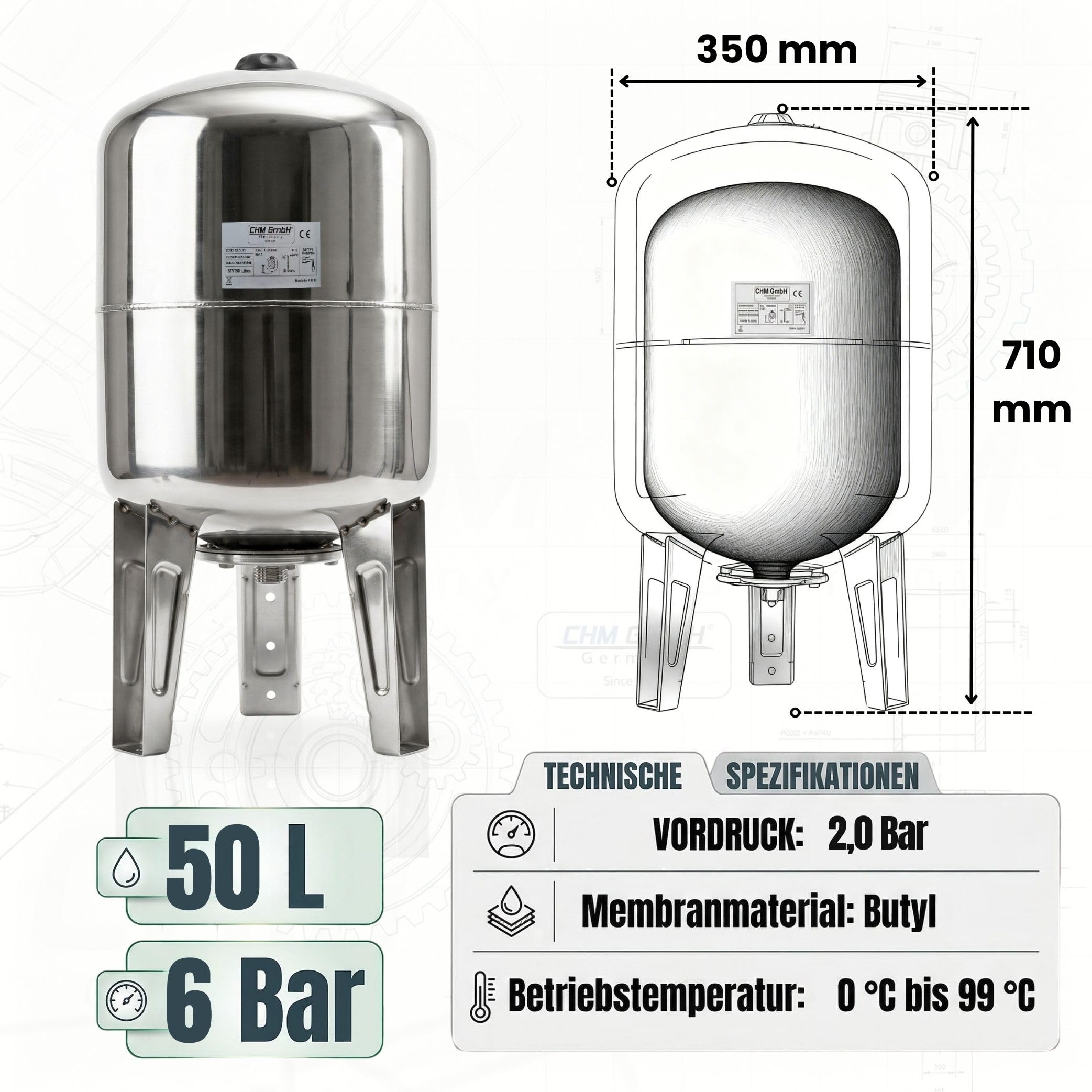 Druckkessel Membrankessel vertikal 50 L Edelstahl max. 6 Bar, Ausdehnungsgefäß stehend