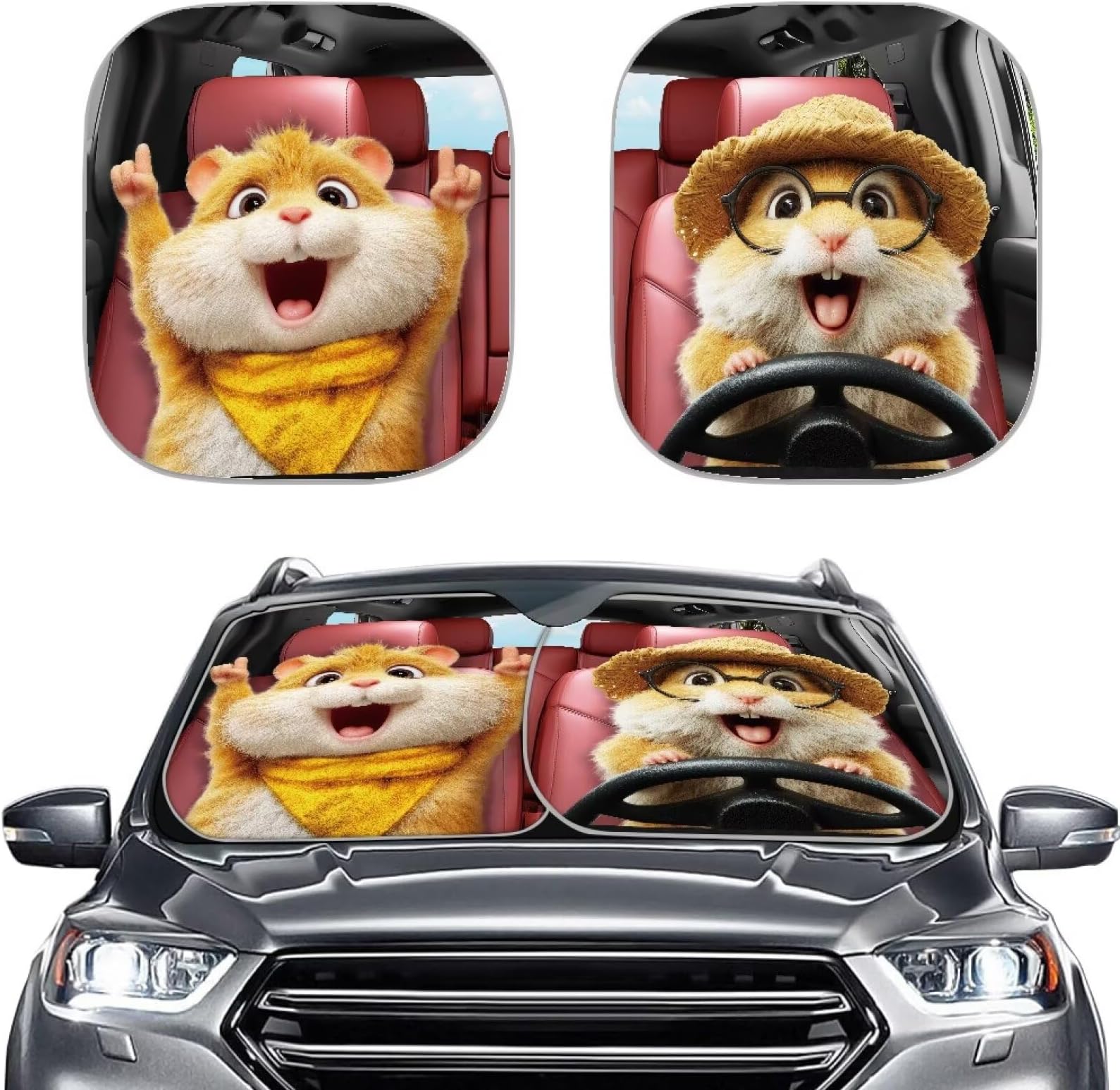 2 Piece Car Windshield Sun Shade, Funny Guinea Pig Foldable Car Sun Shade Windshield for Protect Heat, Universal Interior Accessories
