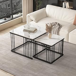 2-in-1 Coffee Table Set, High Gloss Square Nest of Tables, Multi-functional Side Tables with Ink Black Metal Frame Legs and Marble Pattern White Top, 60cm x 60cm x 45cm