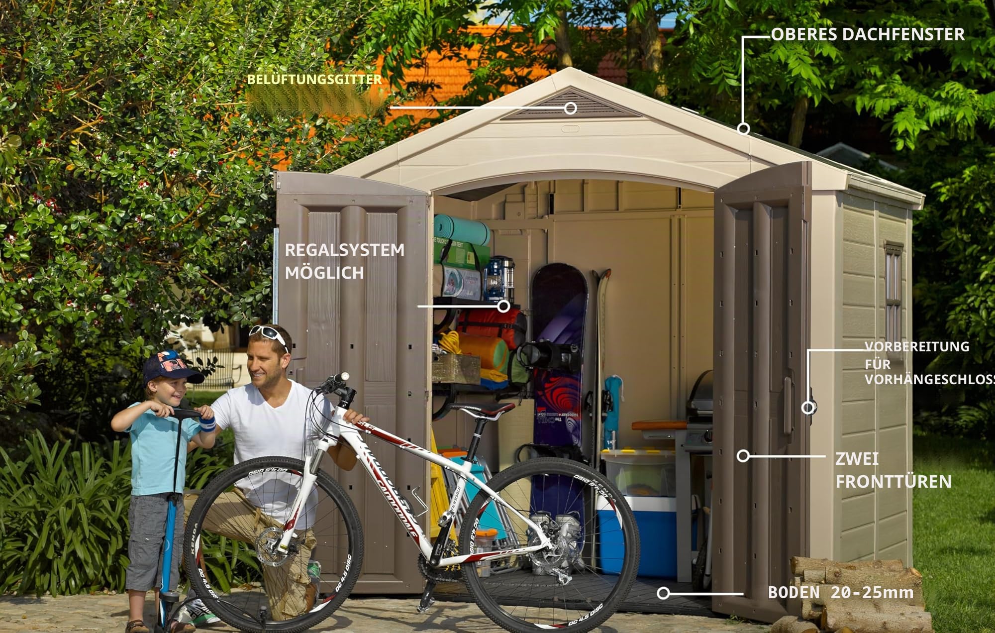 Keter Gerätehaus Factor 8x6, Beige, 8.1m³ Rauminhalt, Außenmaße (B/T/H):256.5 x 182 x 243 cm, wetterfest, wasserdicht, UV-beständig, Outdoor