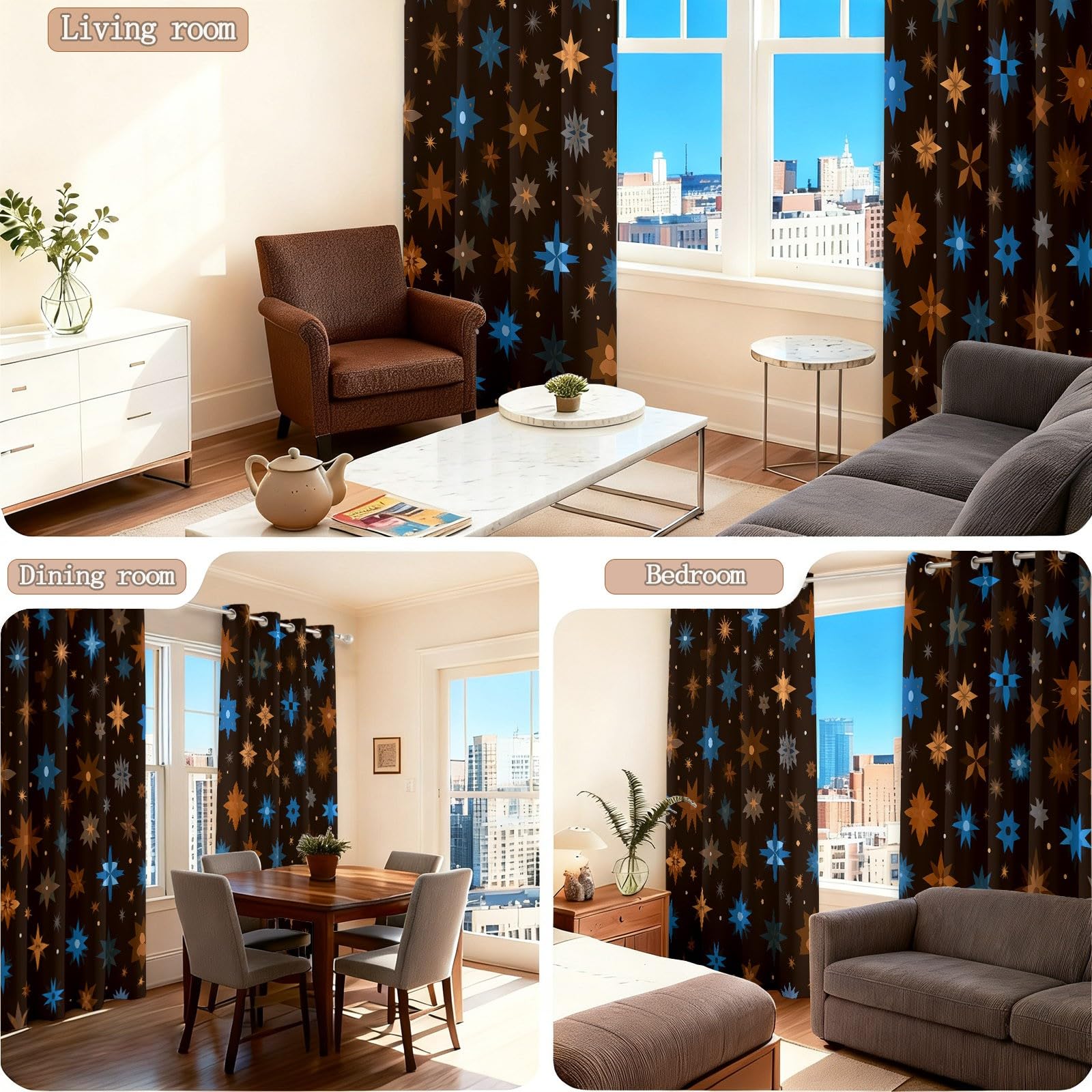 Abstrakt Blickdicht Vorhänge Dunkelbraun, Wärmeisoliert UV-Schutz vorhänge mit Sterne Schneeflocken Muster, Verdunklungsvorhänge mit ösen für Wohnzimmer Schlafzimmer Deko, H 175 x B 140 cm (2er Pack)