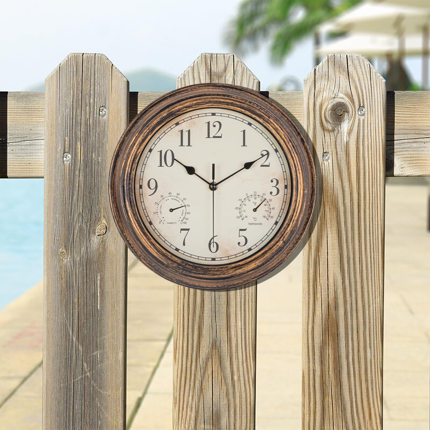 Horloge murale de jardin - Étanche - Vintage - Avec thermomètre et humidité - 30 cm - Sans tic-tac - Résistante aux intempéries - Pour terrasse, piscine, porche, jardin, salle de bain