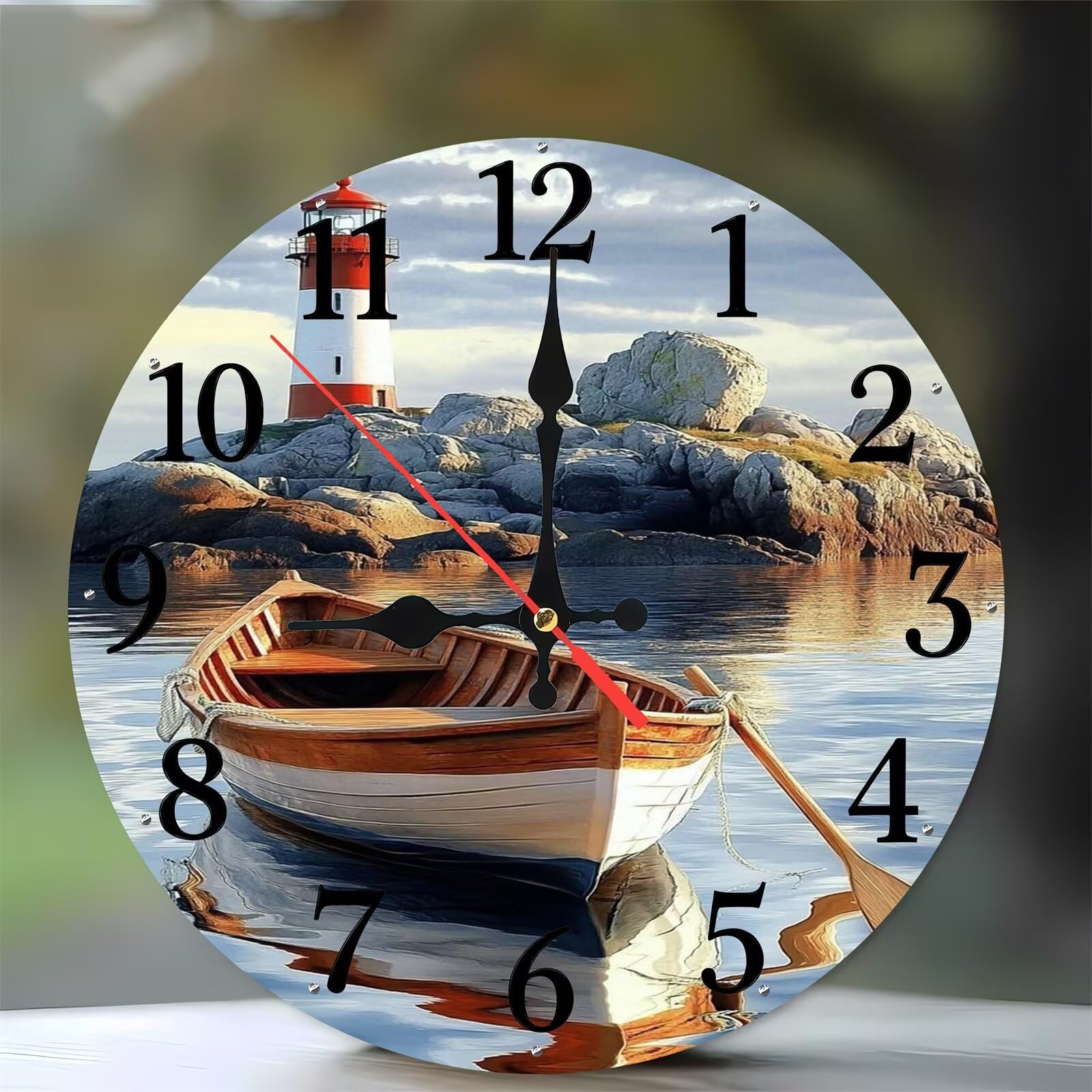 Horloge silencieuse sans tic-tac de 35 cm en bois avec décor de phare et bateau de lac
