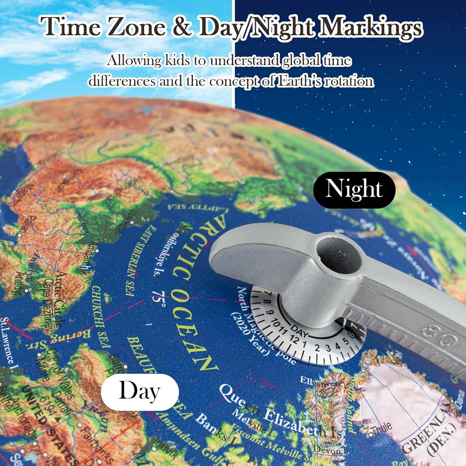 12" Illuminated World Globe, Desktop Globe with Raised Relief, LED Lights, Time Zone & Non-Slip Wooden Base, Geographic Terrain Globes for Decoration (Navy)