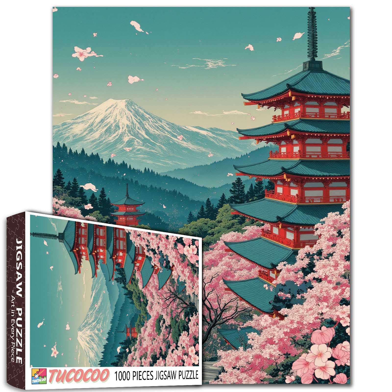 1000 Piece Jigsaw Puzzle for Adults Students Japanese Pagoda with Cherry Blossoms Mount Fuji Colorful Vintage Style 20×27 Inches Travel Scenery Puzzles for Home Decor Relaxation Stress Relief
