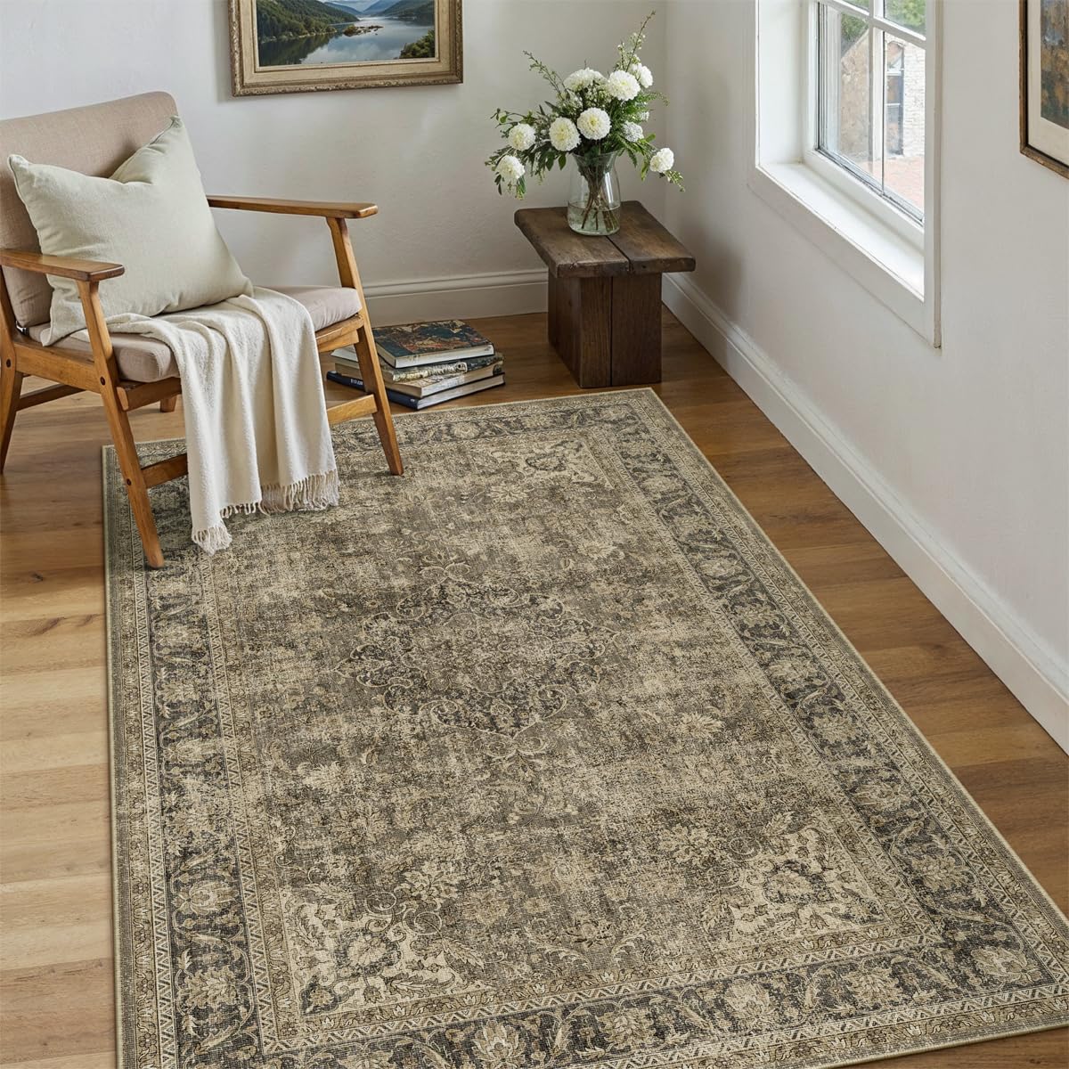 wondrg 3x4 washable brown area rug vintage entryway office carpet non-slip soft low pile distressed throw rug for entrance living room bathroom dining room
