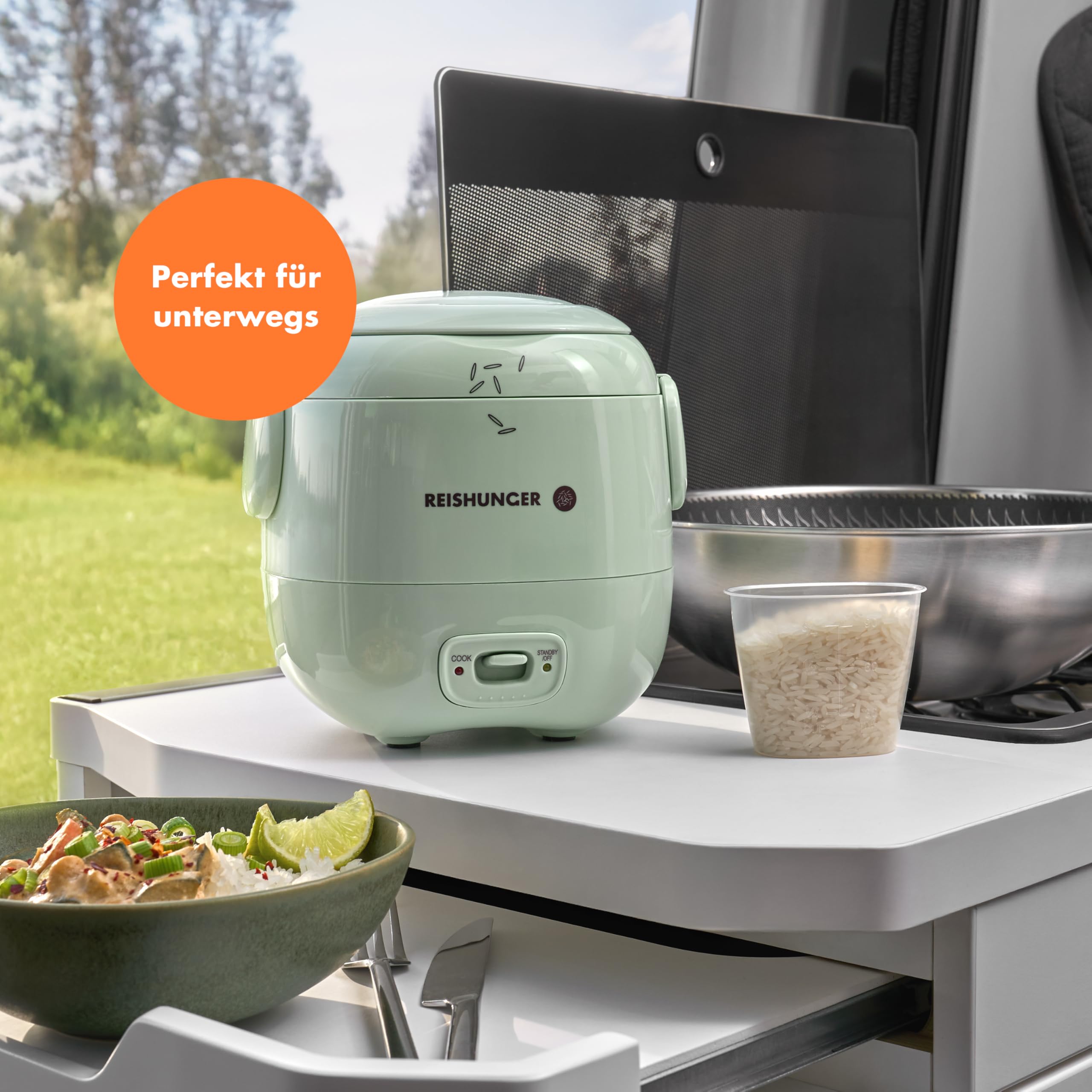 REISHUNGER Mini Reiskocher – 0,3L – 1-2 Portionen – Salbeigrün | hochwertige Keramikbeschichtung – Premium Topf – Handliche Größe für kleine Haushalte und unterwegs