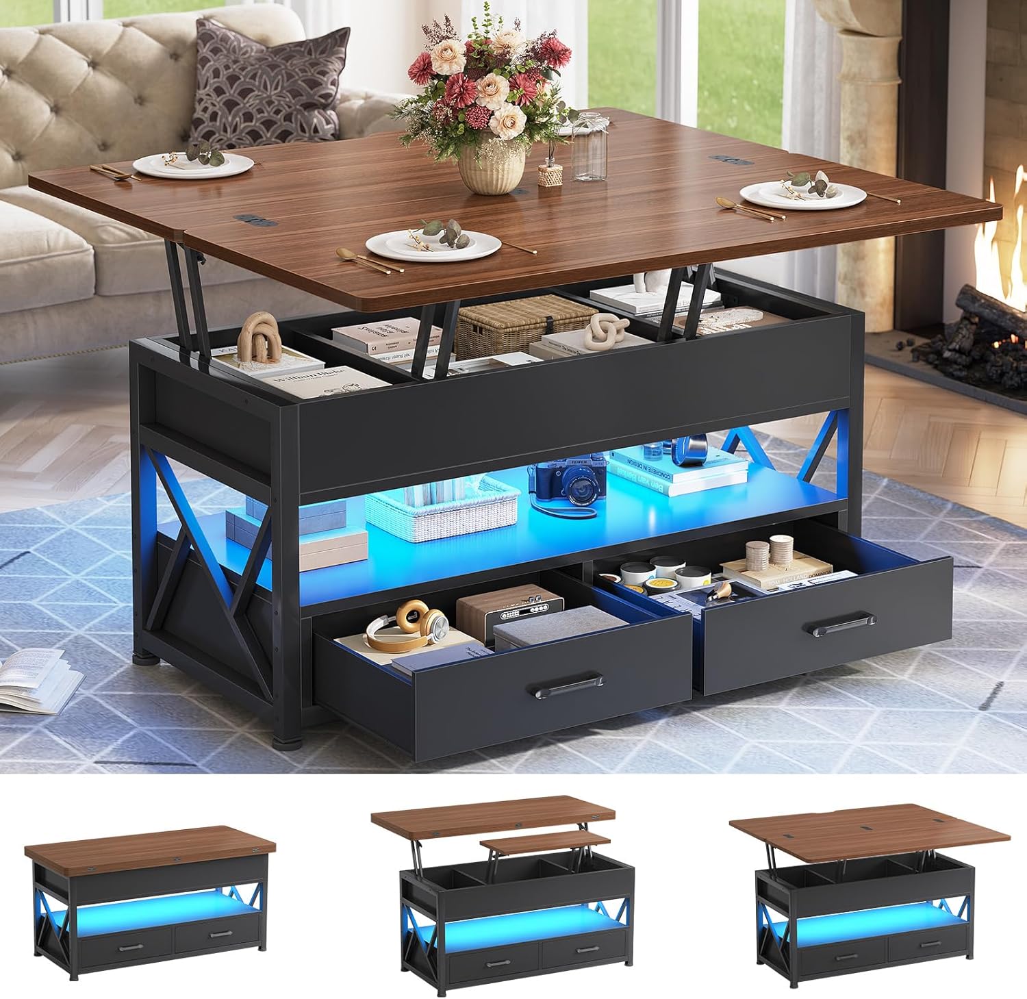 Itaar 40" Lift Top Coffee Table, 4 in 1 White Coffee Tables with Storage for Living Room, Small Coffee Table with 2 Drawers & LED Light for Dining Room, White and Rustic Brown