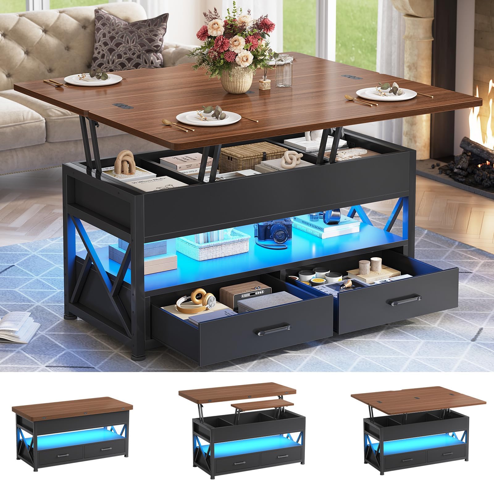 Itaar 40" Lift Top Coffee Table, 4 in 1 White Coffee Tables with Storage for Living Room, Small Coffee Table with 2 Drawers & LED Light for Dining Room, Black+Brown