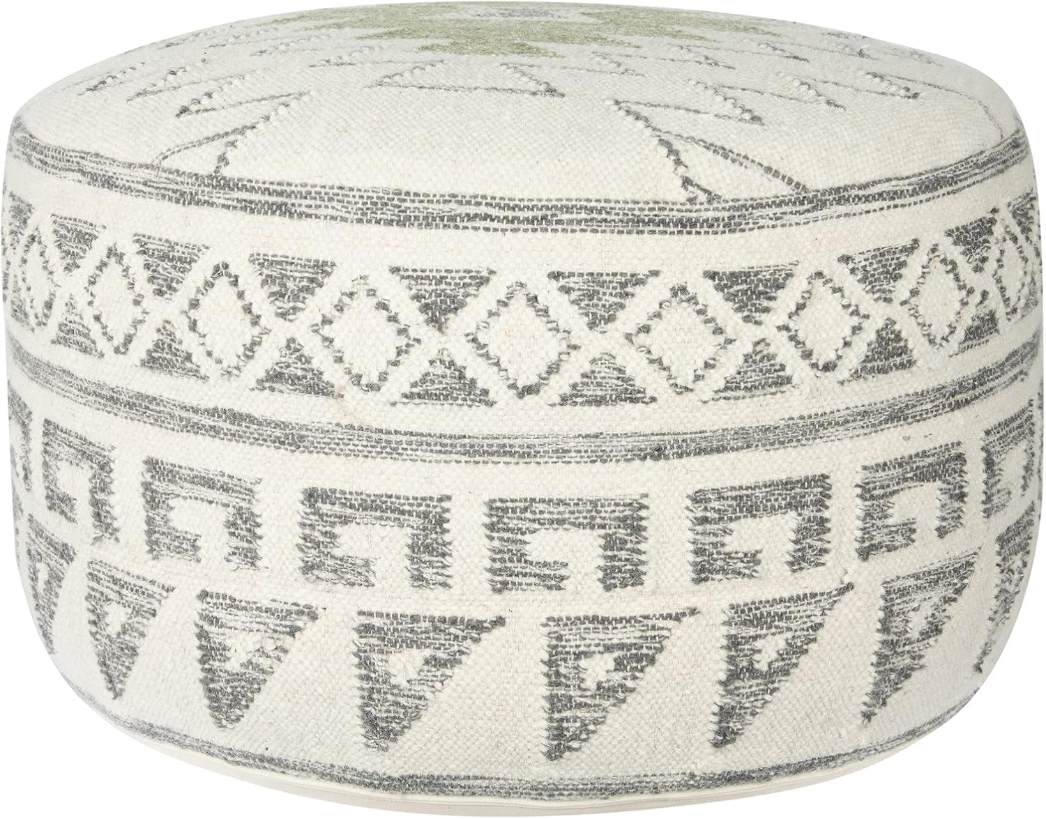 Creative Co-Op Cream, Grey & Green Round Wool Blend Kilim Pouf Seating, 28