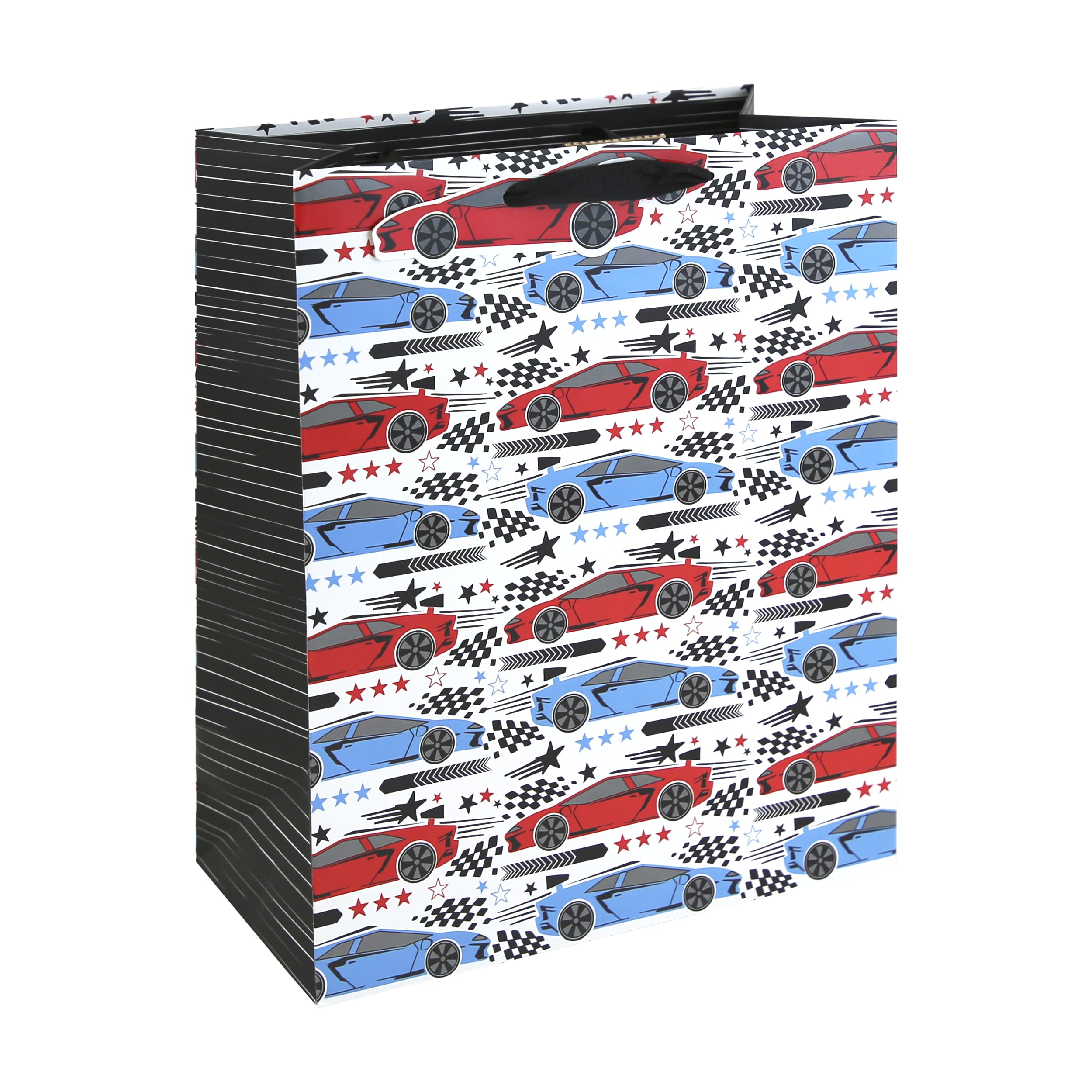 Eurowrap Racing Car Large Gift Bags Pack of 6 – Sports Car Present Bags with Spot UV Finish, Black & White Chequered Inside Print, Grosgrain Ribbon Handles & Tags – Birthday Gift Packaging