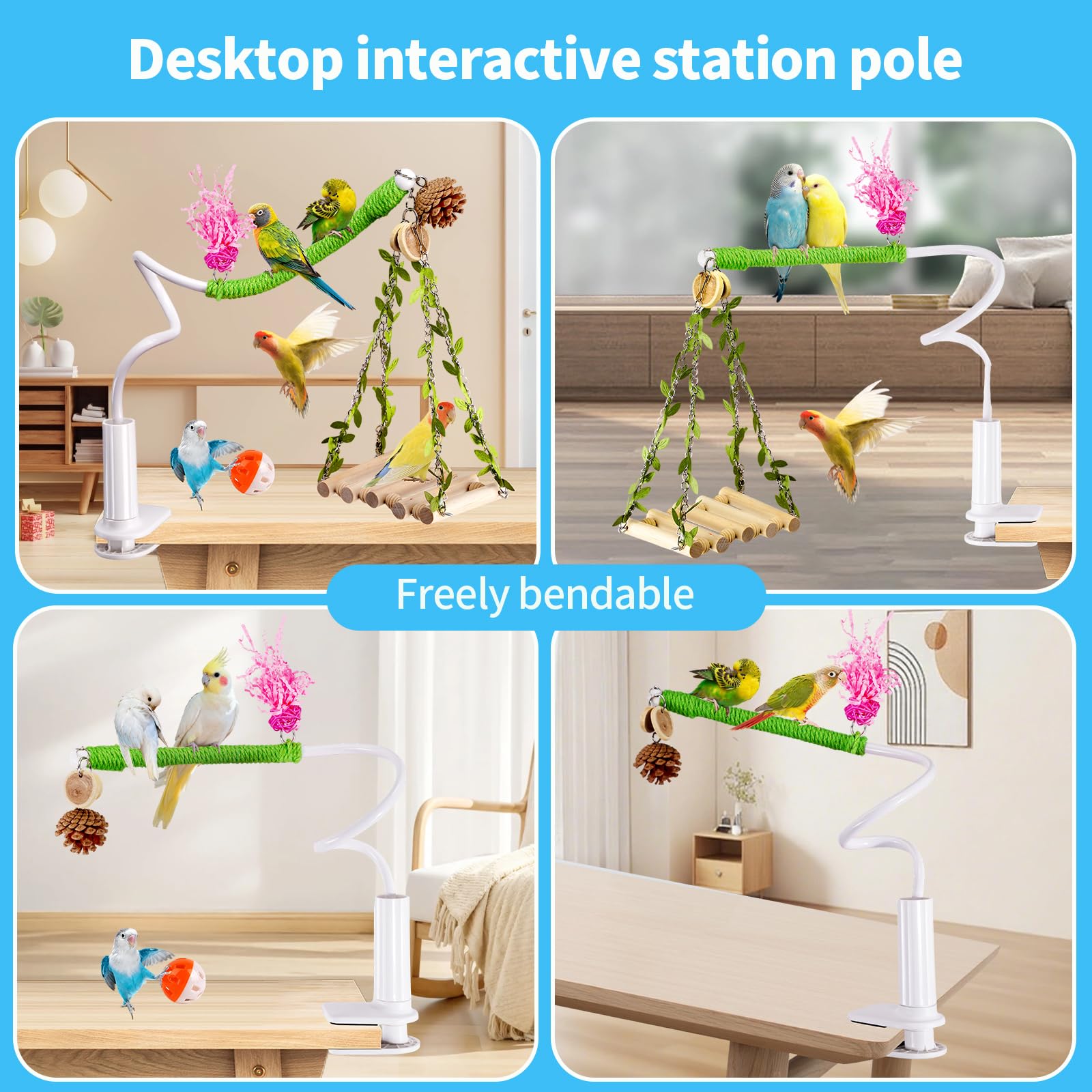Bird Perch Stand with Swing, Desktop Bird Toy & Stand for Interacting, Interactive Playground for Sun Conure, Lovebirds, Conure, Budgie, Cockatiel - Non-Slip Adjustable Perch - image 4