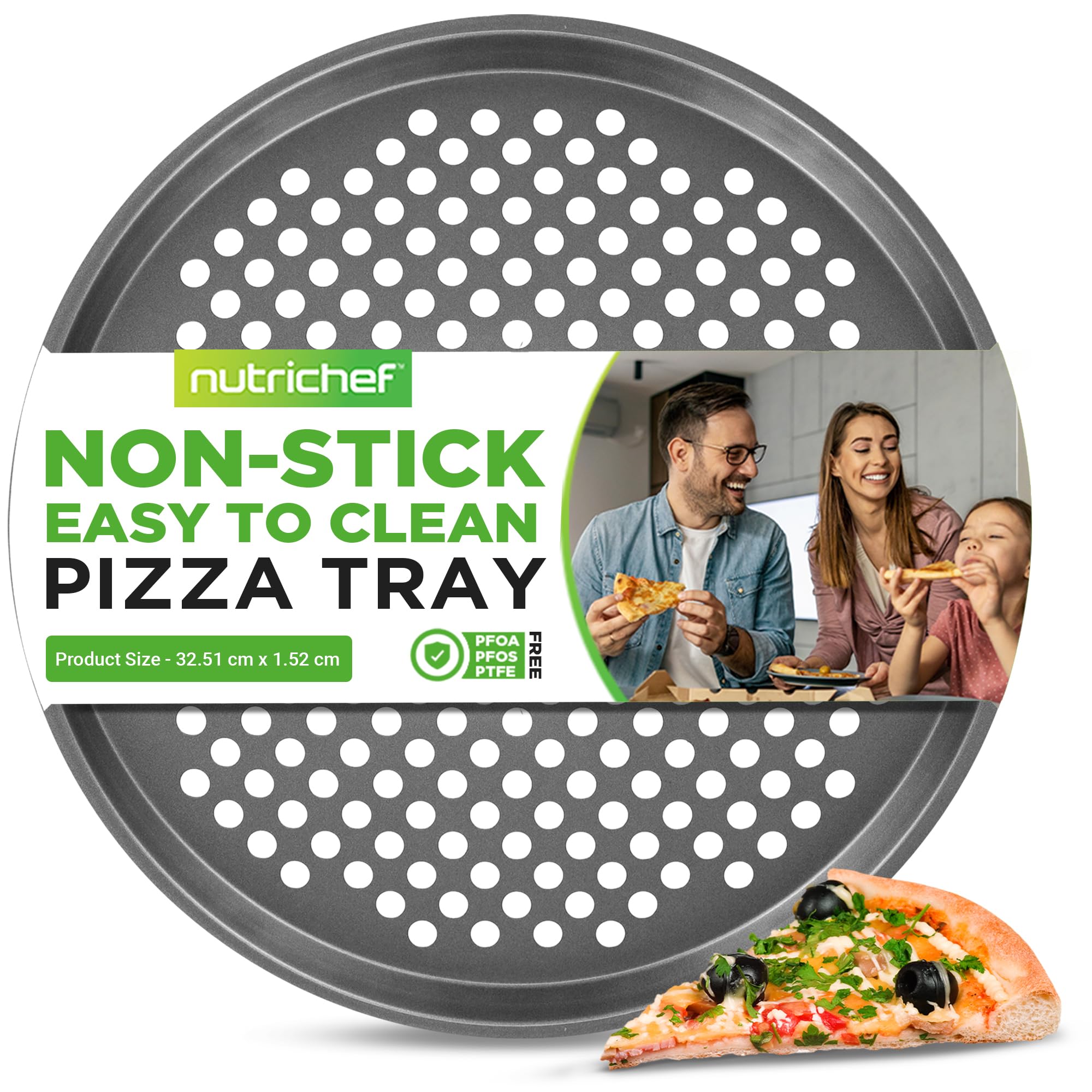Nutrichef Nonstick Pizza Tray for Oven, 32cm Round Pan Carbon Steel Baking Trays with Holes, Dishwasher Safe Bakeware Sheet - Gray