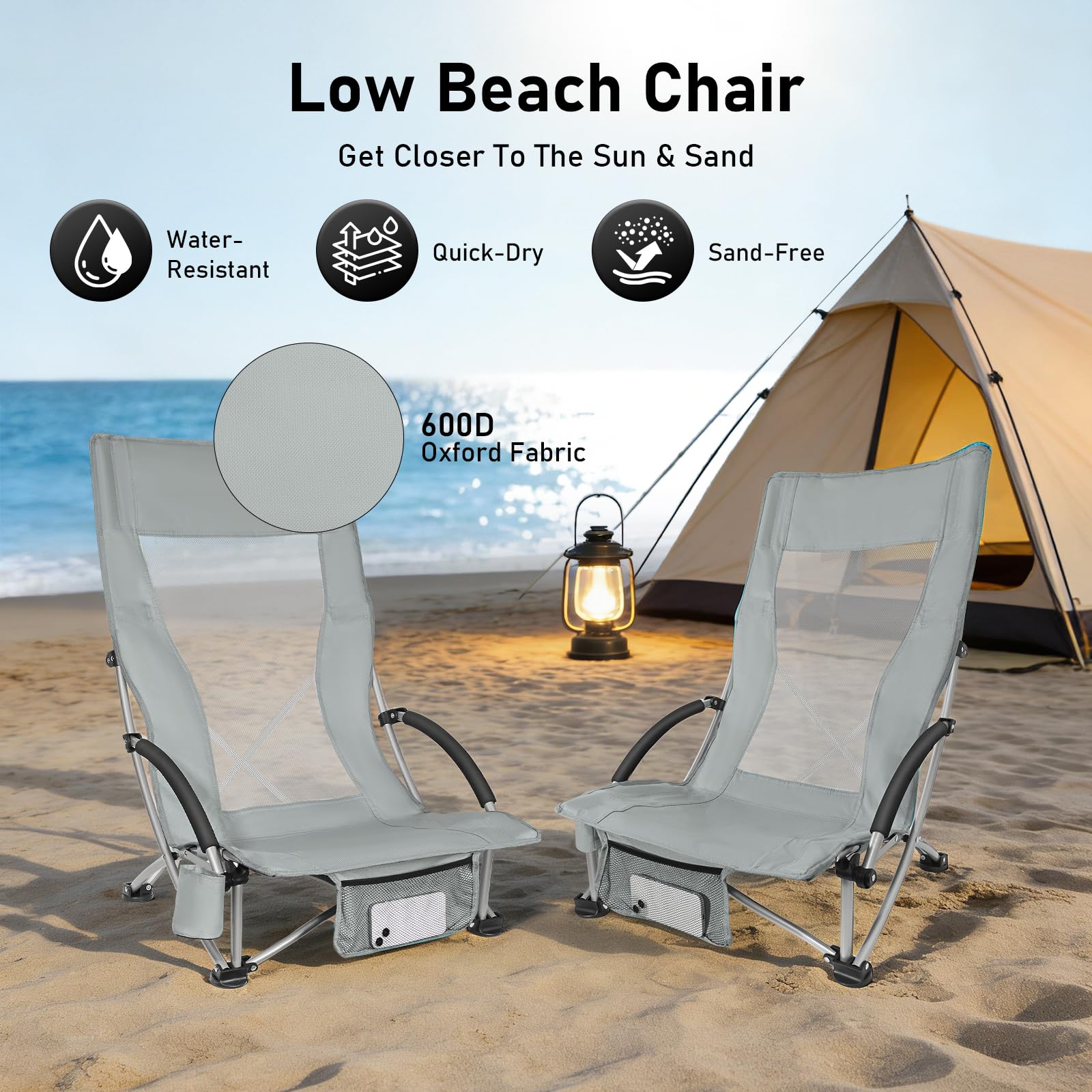 WildFun Silla de playa plegable, silla portátil de camping y pesca con respaldo alto, portavasos, soporta 180 kg para viajes, al aire libre, barbacoa, picnic, festival (2 unidades, gris)