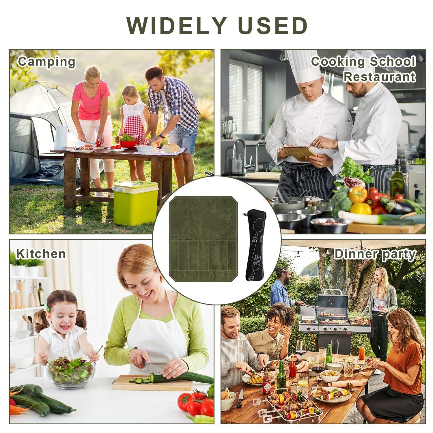 Borsa A Rullo per Coltelli da 1 Pezzo E Borsa per Stoviglie da 1 Pezzo, Materiale in Tela Cerata A 7 Griglie, Portatile E Arrotolabile, Regalo per Utensili da Cucina (Verde).