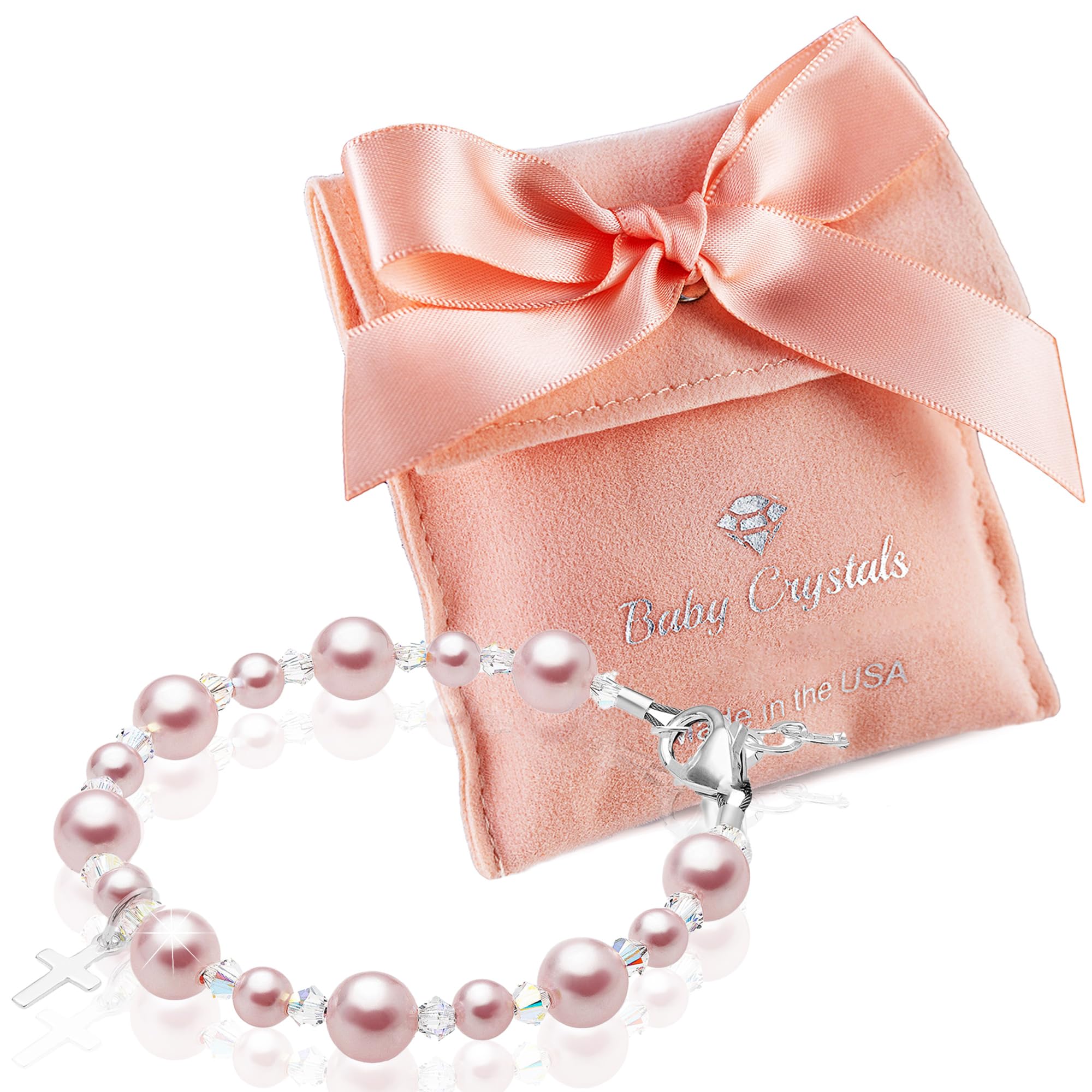 Baby Crystals Sterling Silver Cross Charm Pearl Bracelets for Girls - Baptism Gifts for Girl with Rosaline, White Simulated Pearls, First Communion,