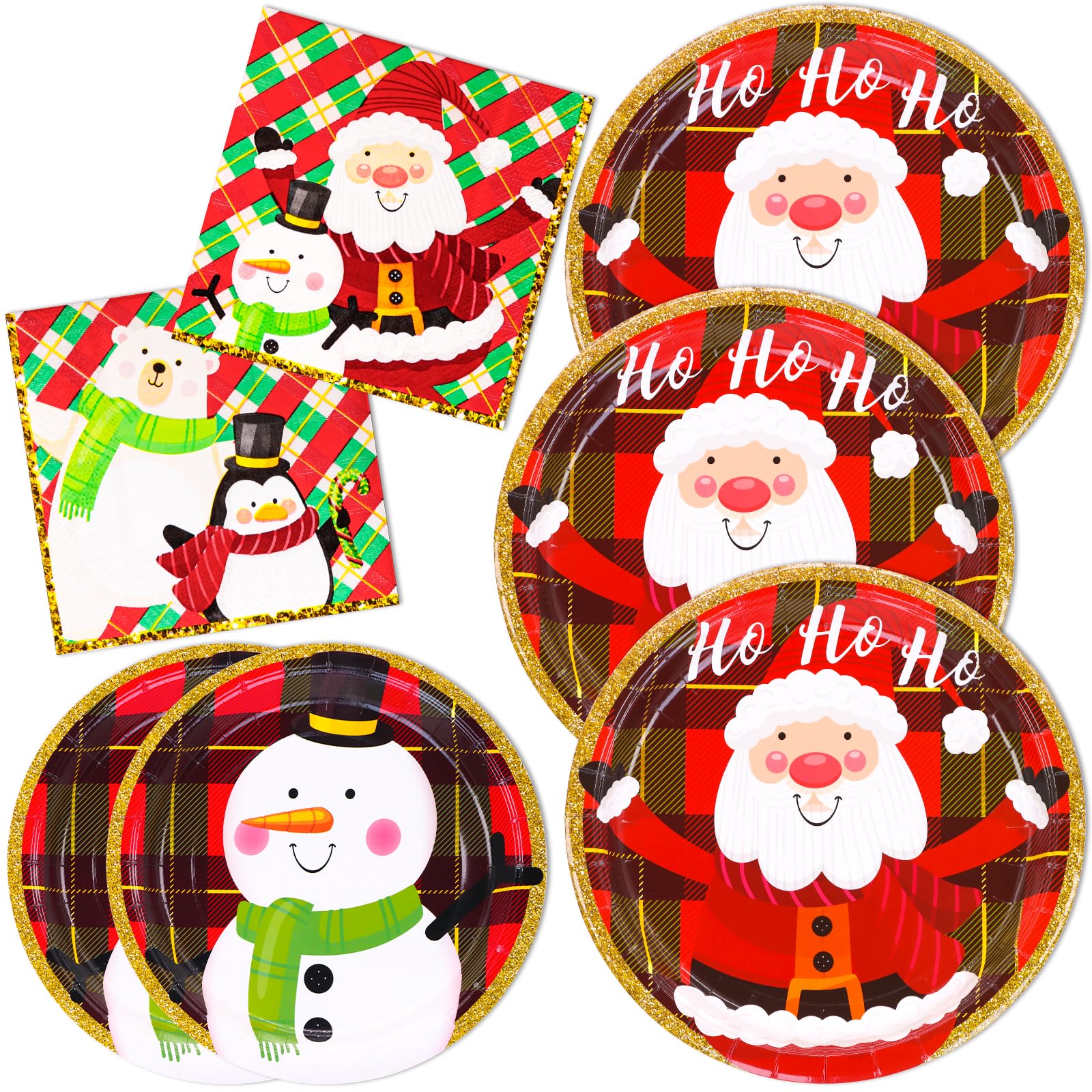 dylives christmas paper plates and napkins party supplies, 150pcs santa claus and snowman penguin polar bear disposable dinnerware set merry christmas decor, xmas winter holiday tableware, serves 50