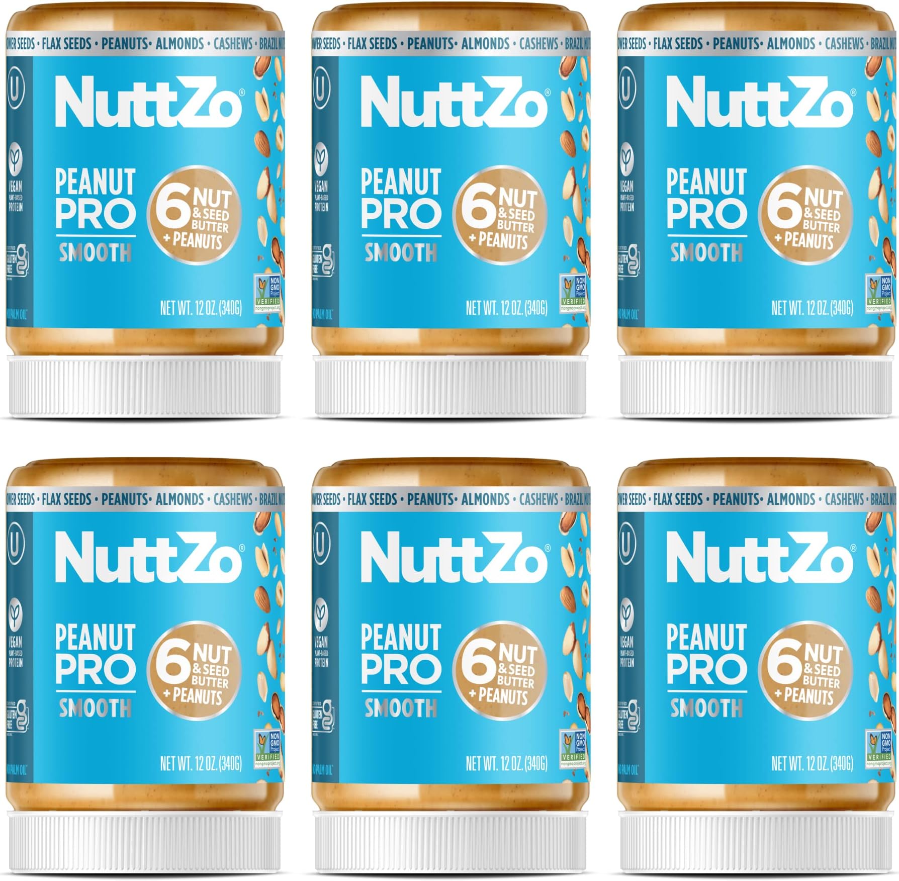Peanut Pro Smooth Nut Butter Spread | Peanut Butter + Cashews Almonds Brazil Nuts Hazelnuts Flax Seeds & Sunflower Seeds | Keto Paleo Kosher Vegan Gluten Free | 2g Sugar, 7g Protein | 12oz Jar