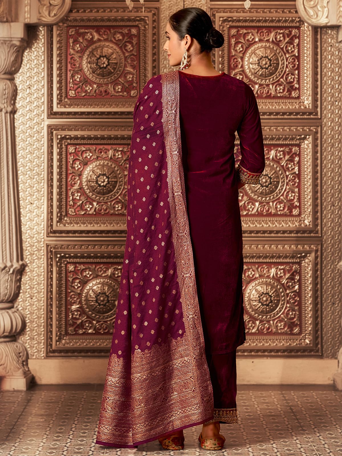 Sanisa Women's Velvet Sequins Embroidery Straight Kurta With Pant And Dupatta Set (219Kbd2321N-L_Maroon)