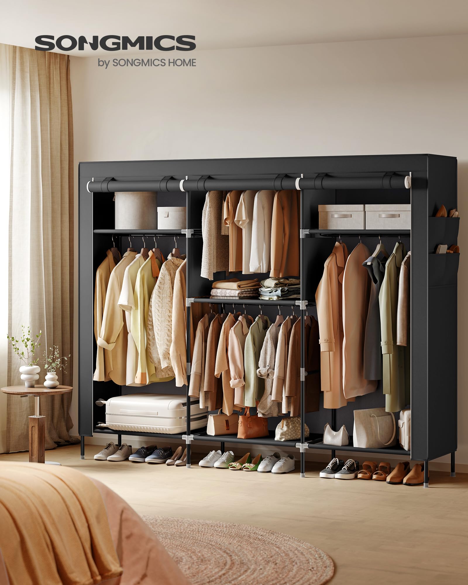 SONGMICS Armoire Chambre en Tissu, Porte-vêtements, Penderie, Étagères, Pochettes, Grande Capacité, 4 Compartiments de Suspension, 45 x 189 x 180 cm, Noir RYG011BZ02