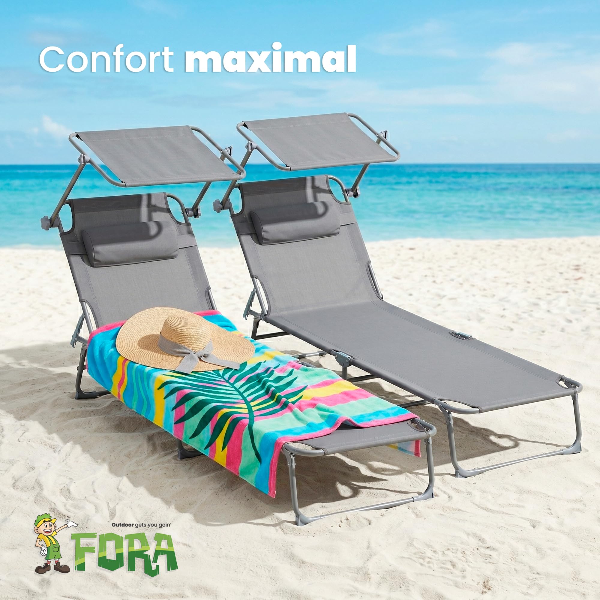 FORA Set de 2 Chaise Longue Pliables avec Coussin - Dossier 3 Positions, Oxford 600D, Sangle de Transport, Couleur Gris