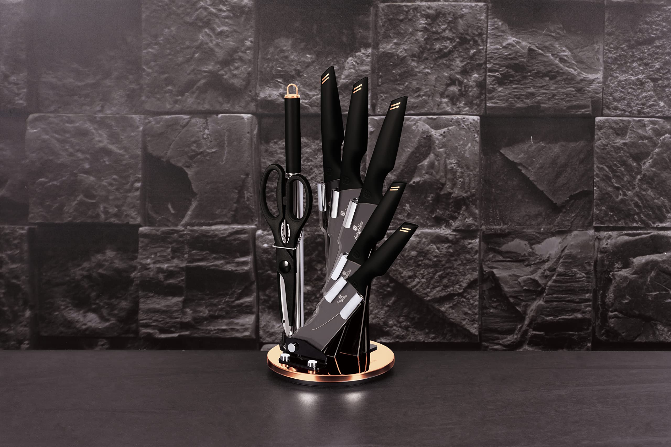 Berlinger Haus, Set de Couteaux de Cuisine Haut de Gamme, 8 Pièces avec support en acrylique, couleur black- rose gold, en acier inoxydable avec revêtement noir antiadhésif, Collection Black Rose
