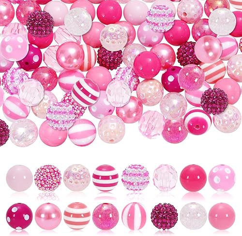 Whaline Juego de 50 cuentas de goma de mascar mixtas de 0.787 pulgadas (0.787 in), cuentas espaciadoras rosadas, cuentas de plástico gigantes para