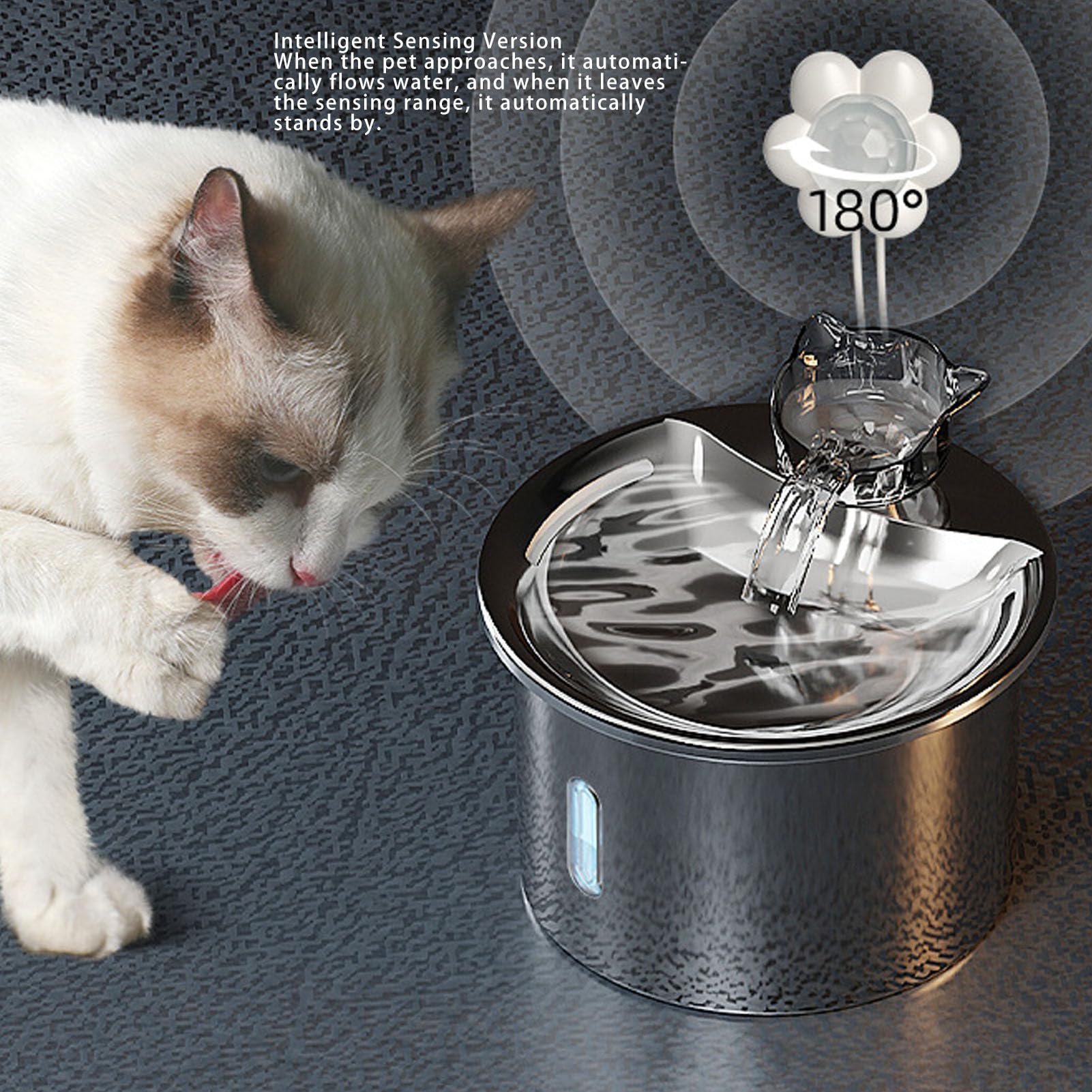 Fuente de Agua para Mascotas de Acero Inoxidable, Filtro de Circulación Automática de 2L, Dispensador de Agua para Gatos con Luz para Gatos y Perros Pequeños