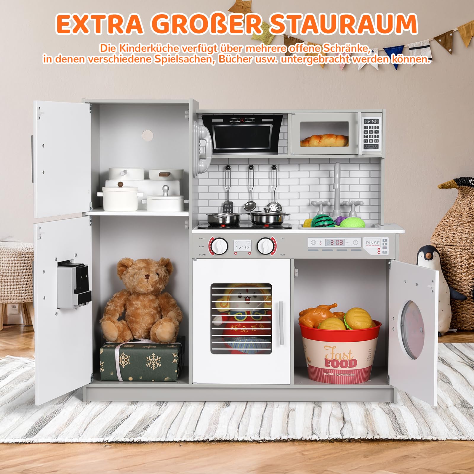 MAMIZO Kinderküche Holz, Spielküchen aus Holz für Kinder, Spielzeugküche mit Licht und Sound, 82x80x25 cm Puppenküche Holz, mit Spielküche Zubehör, Spielzeug für Kinder ab 3 Jahren, Grau-Weiß