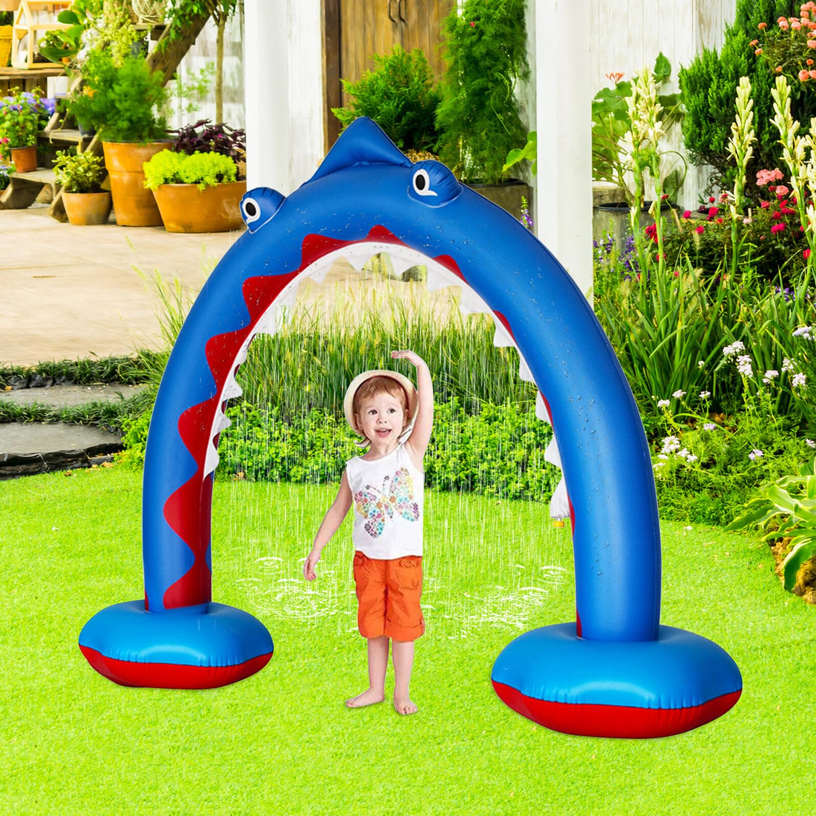 Arche Gonflable de Pulvérisation d'eau pour Garçon et Filles en PVC Bleu, Jouet D'été Extérieur Arroseur pour Jeux d'eau sur Pelouse et Interaction Parent-garçon et Filles