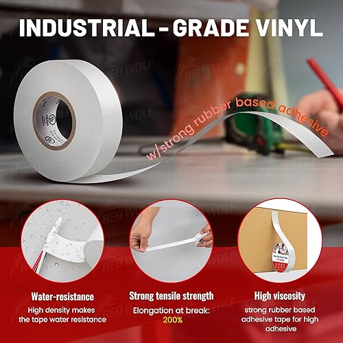 Miniatura 5 de RED WOLF Cinta Eléctrica Blanca 34 pulgadas x 66 pies Paquete de 3, Grado Industrial Listado ULCSA 7 Mil de Grosor Retardante de Llama Alta
