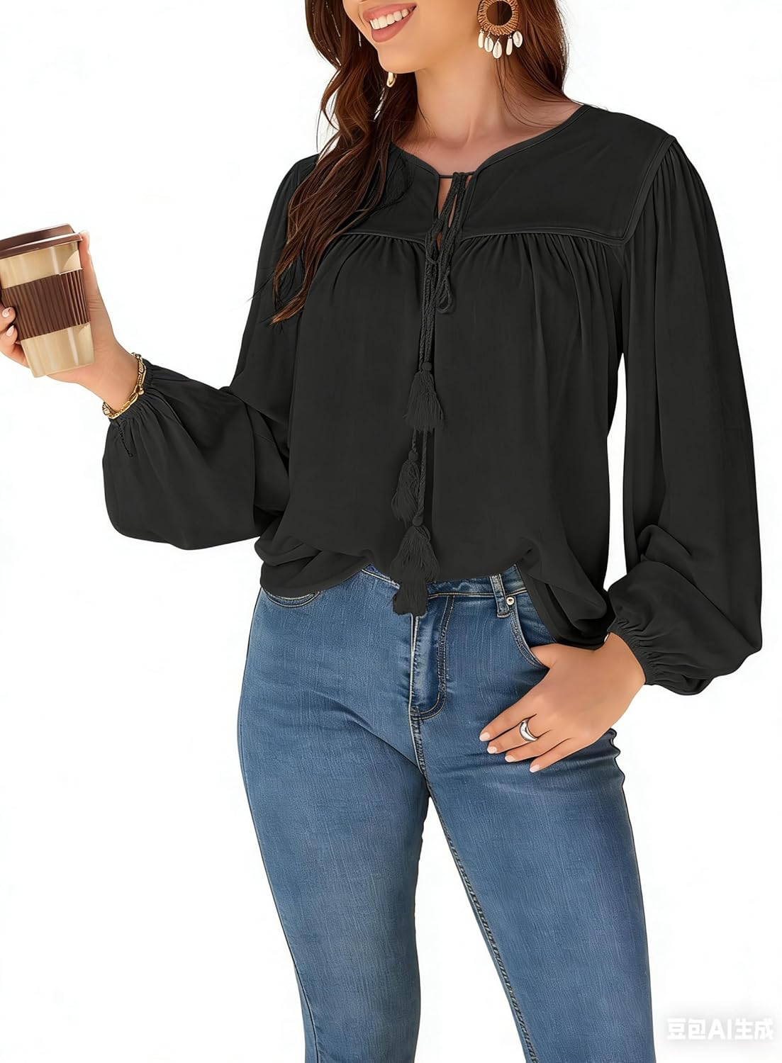 LAPHEE ROSE Boho Tops for Women Long Sleeve - V Neck Babydoll Blouse, Trendy Casual & Dressy Lantern Sleeve Tunic Shirt