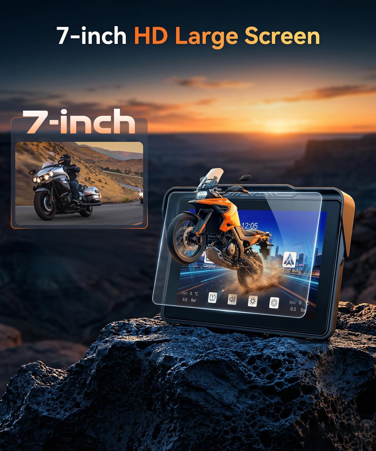 Rimoody Wireless Carplay Display Motociclo Android Auto, 7 Pollici Touchscreen Car play Autoradio Portatile per Motorbike, CarPlay Monitor per Moto Bluetooth/IP68 Impermeabile/Controllo Vocale/Navi