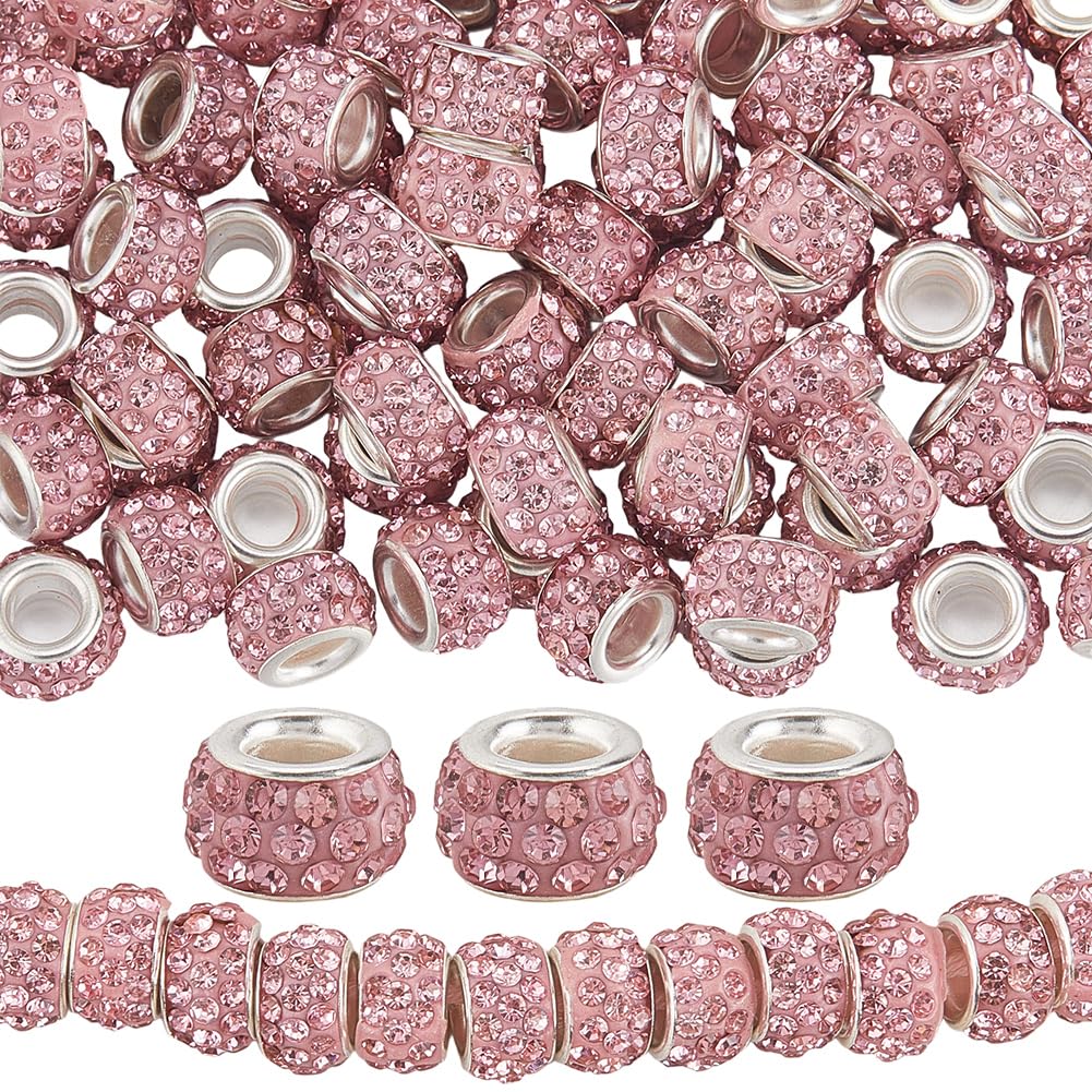 PONABEADIY 1 Box 12MM 80PCS Valentines Day Pink Rhinestone Sparkly Beads Large Hole Valentine Big Holes European Spacer Charms Bead Bulk for Jewellery Making Bracelets Necklace Hair Braids DIY Crafts