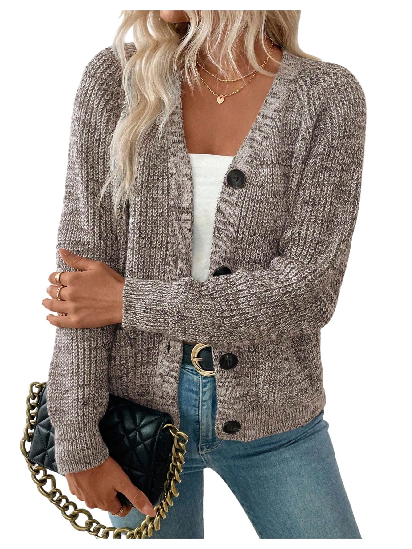 Womens Chunky Knit Cardigan V Neck Long Sleeve Button Up Knitted Sweater with Pocket