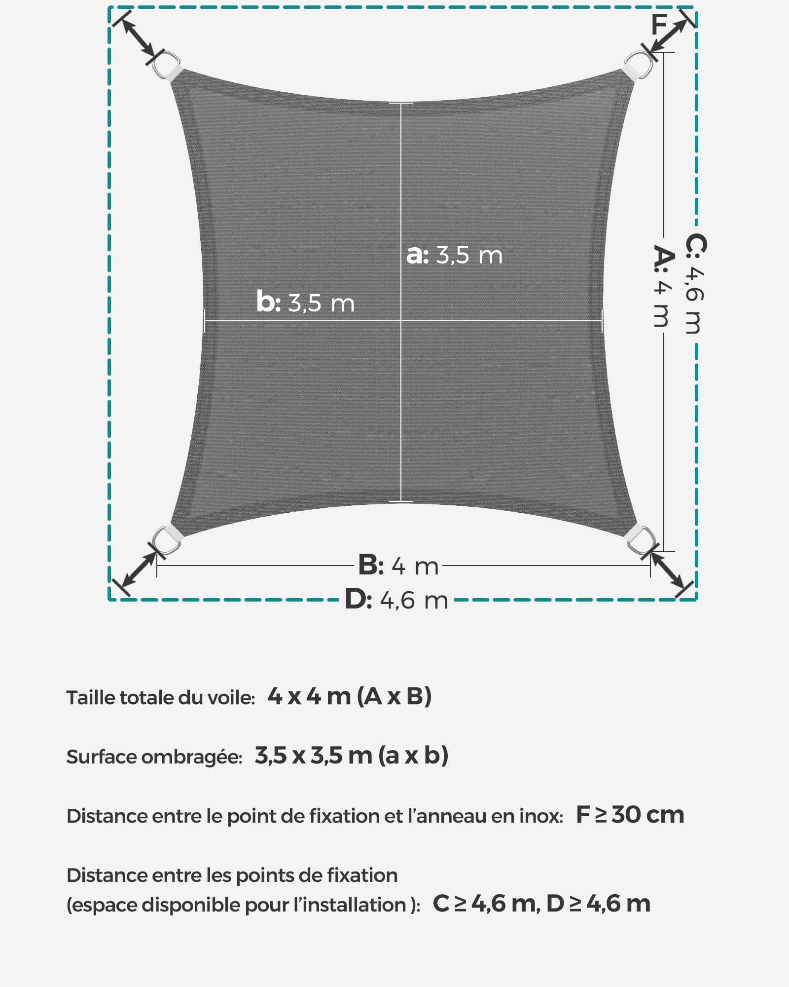 SONGMICS Voile d’Ombrage 4 x 4 m, Protection Solaire en Tissu HDPE, Respirant, Perméable à l’Eau, pour Terrasse, Jardin, Balcon, Camping, Carré, Concave, Cordes de 2 m, Gris Anthracite GSS44GY